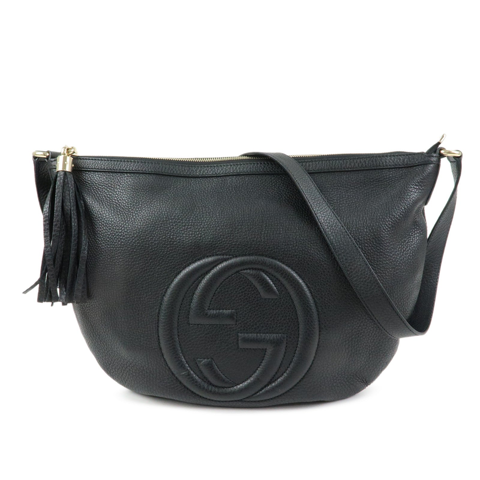GUCCI Interlocking G Leather Shoulder Bag Fringe Black 295175
