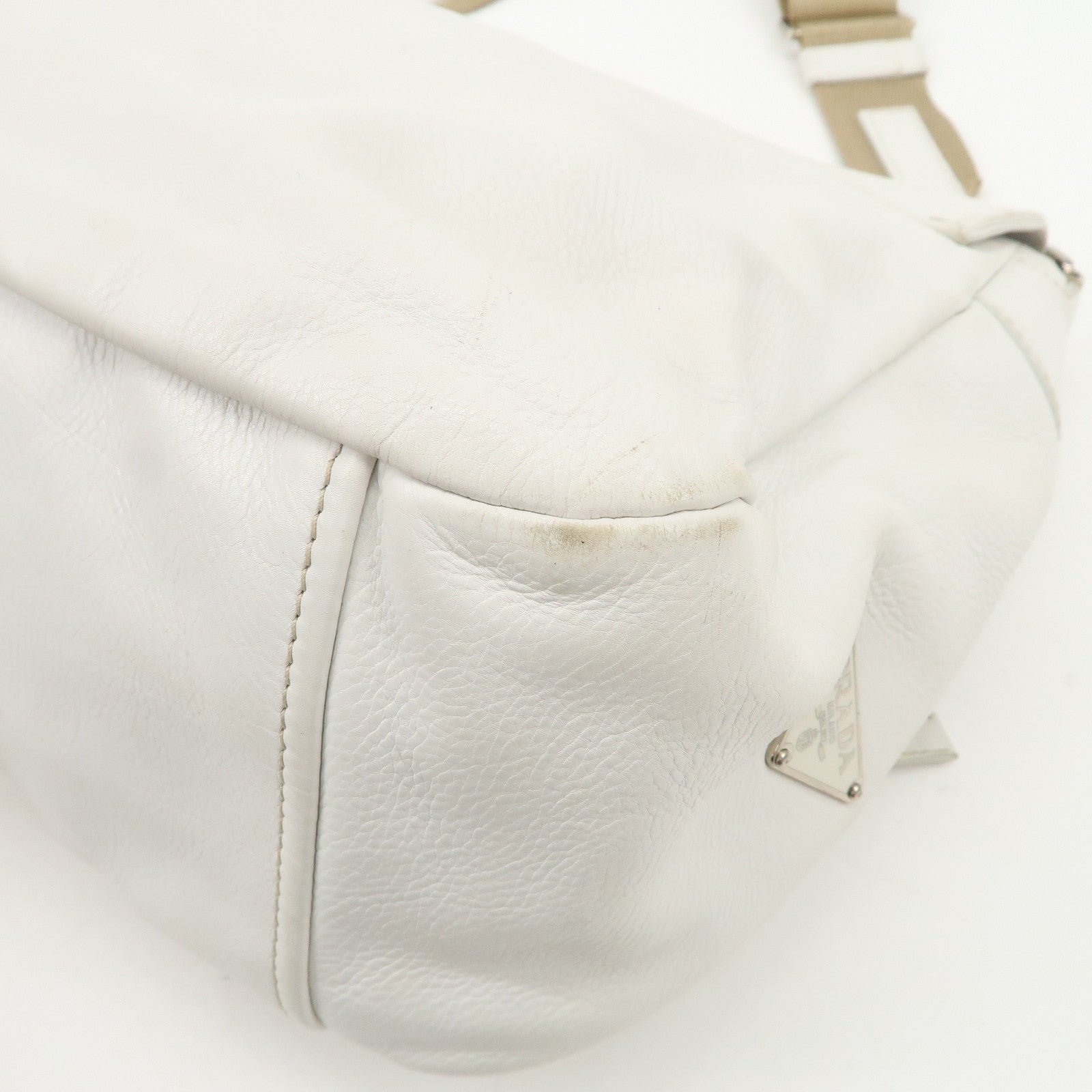 PRADA Triangle Logo Leather Nylon Shoulder Bag White Beige