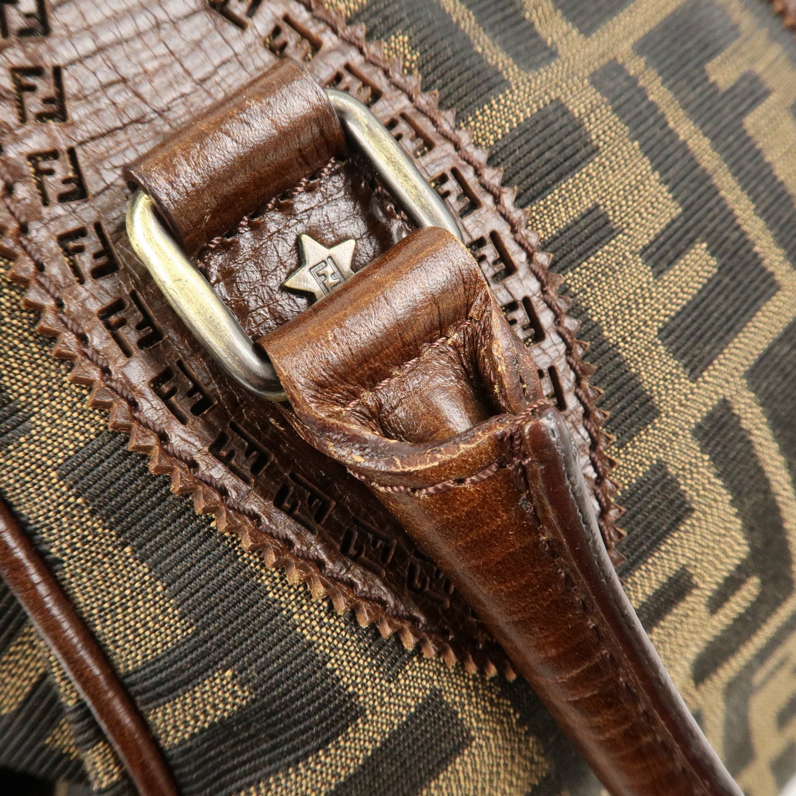 FENDI Ethnico Zucca Canvas Leather Shoulder Bag Brown 8BN157