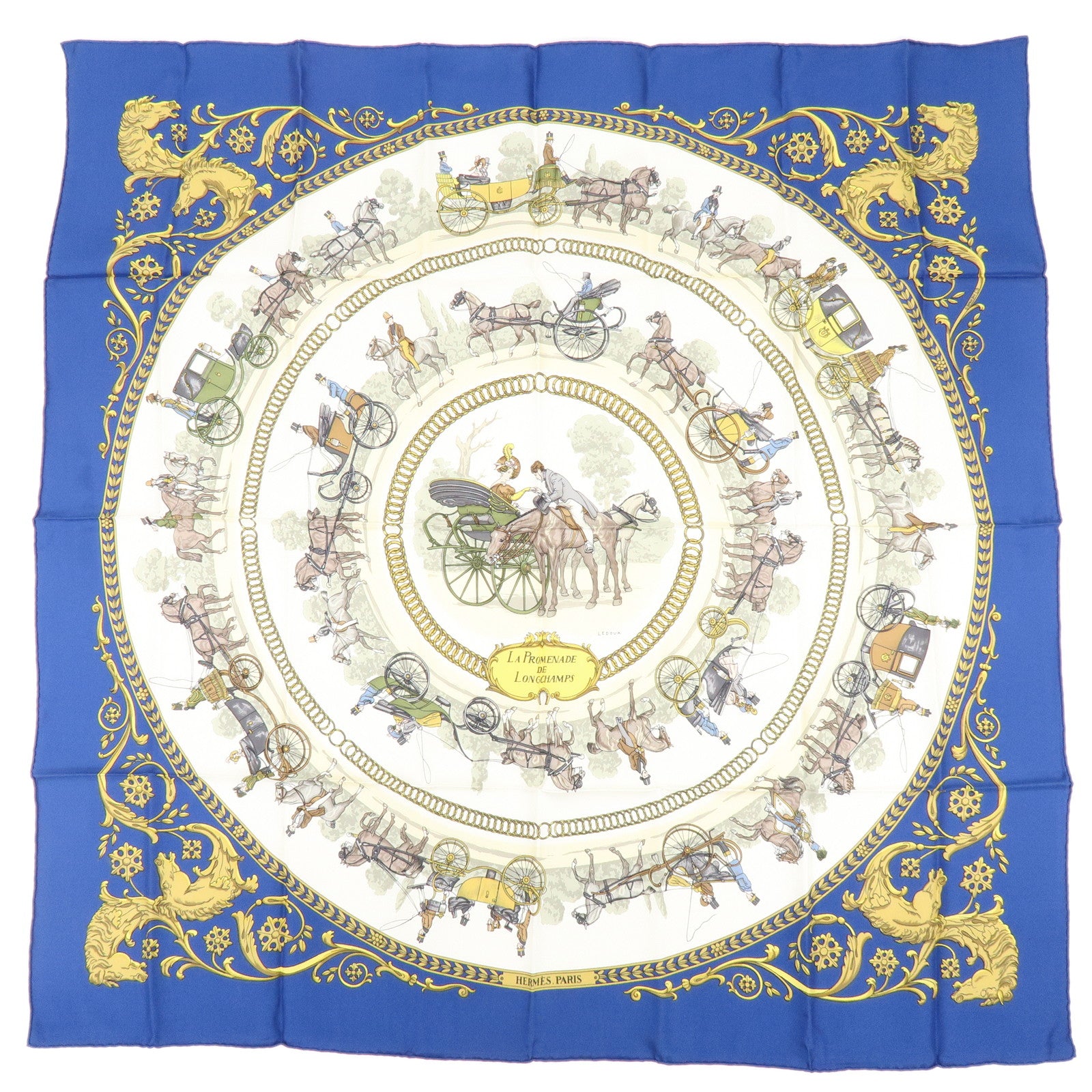 HERMES Carre 90 Silk 100% Scarf LA PROMENADE DE LONGCHAMPS