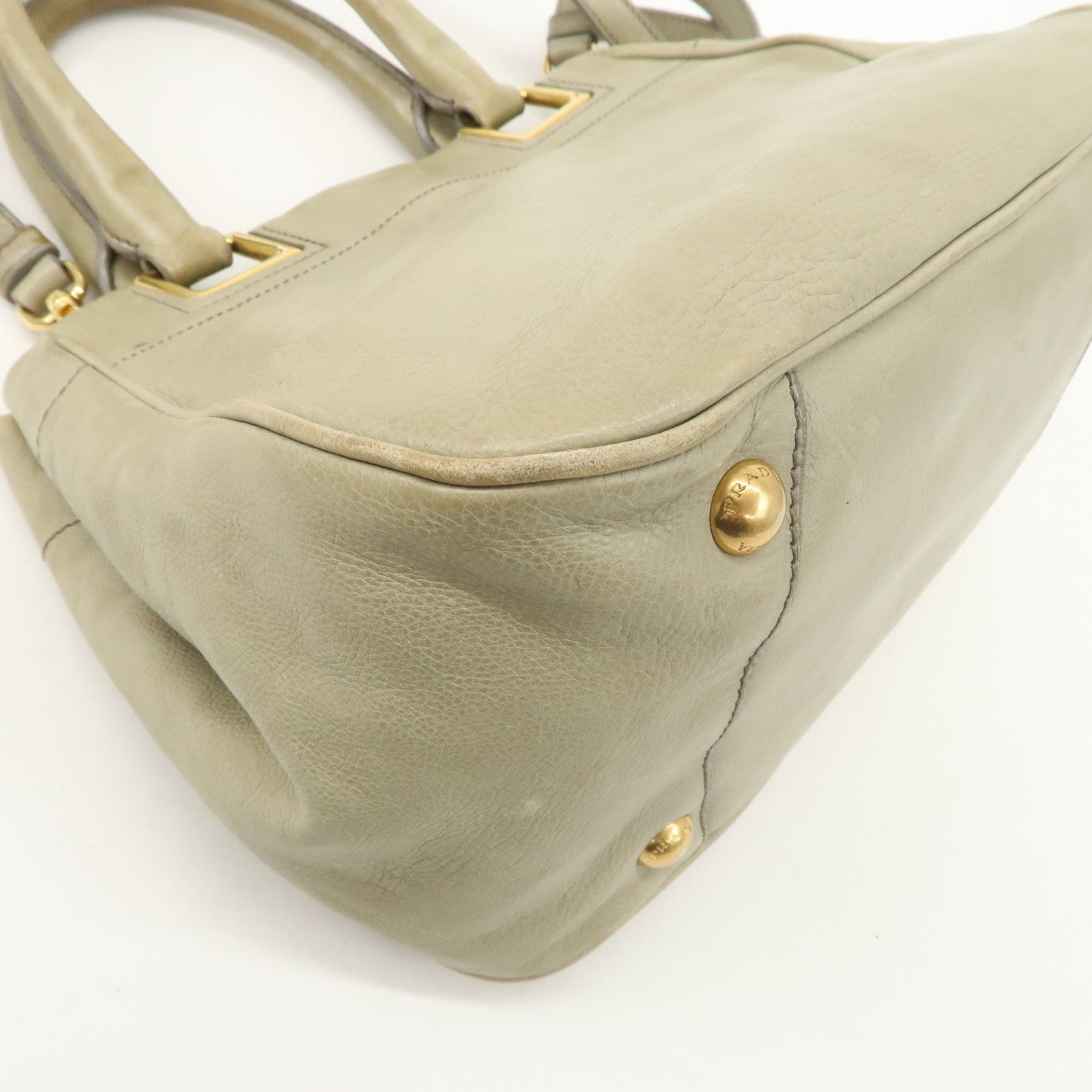 PRADA Logo Ribon Leather 2WAY Tote Bag Hand Bag Beige Gold HDW BN2245 Used