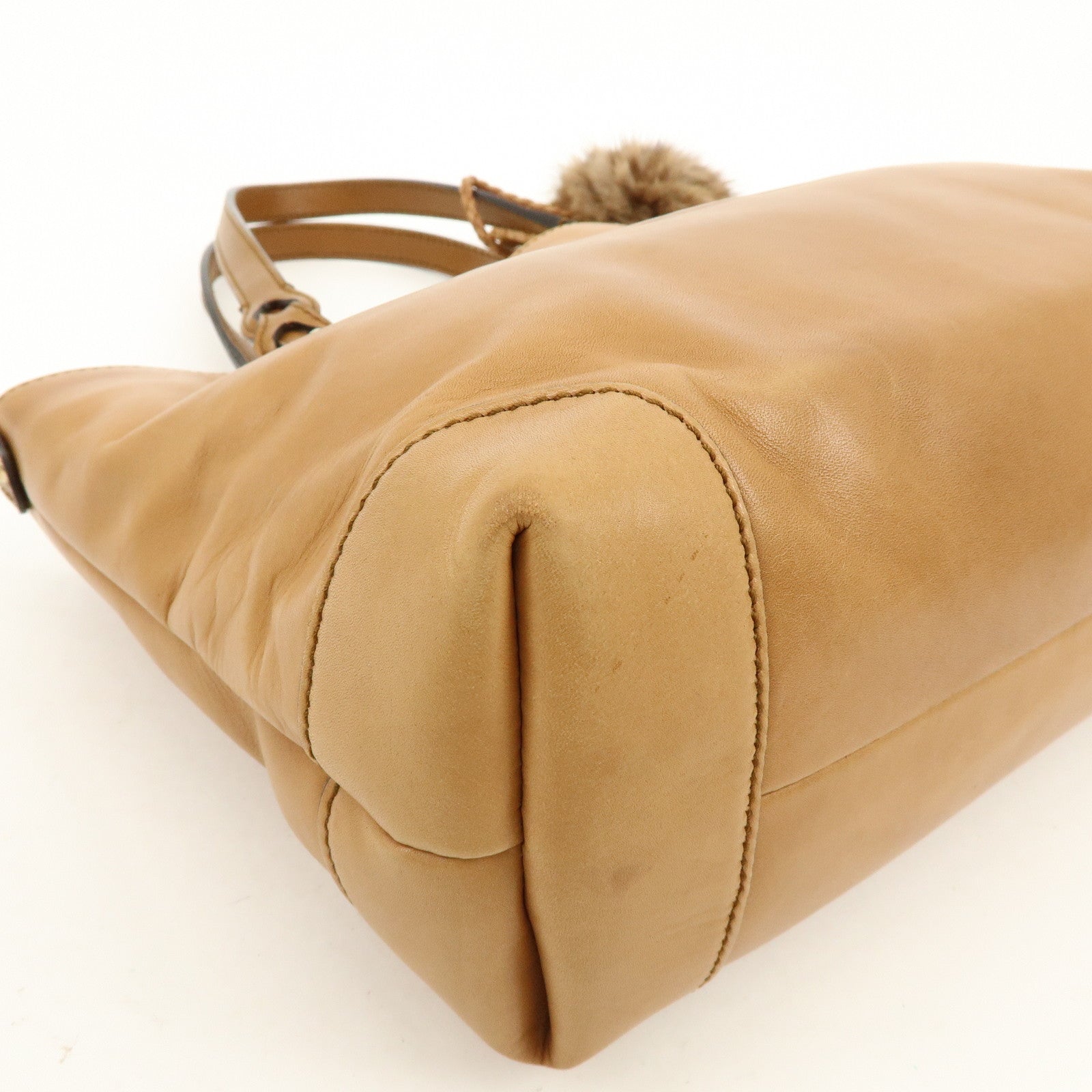GUCCI Script Logo Leather Fur Tote Bag Fur Pouch Brown 269878
