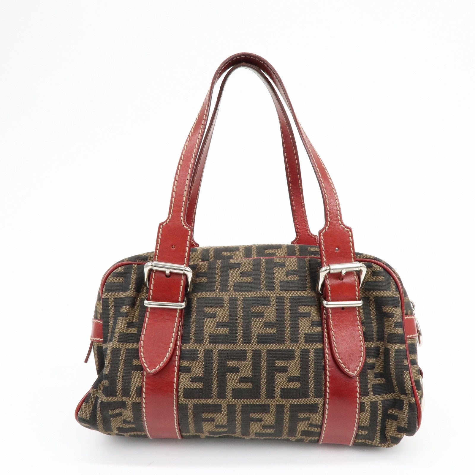 FENDI Zucca Canvas Leather Mini Boston Hand Bag Brown Red 8BR119