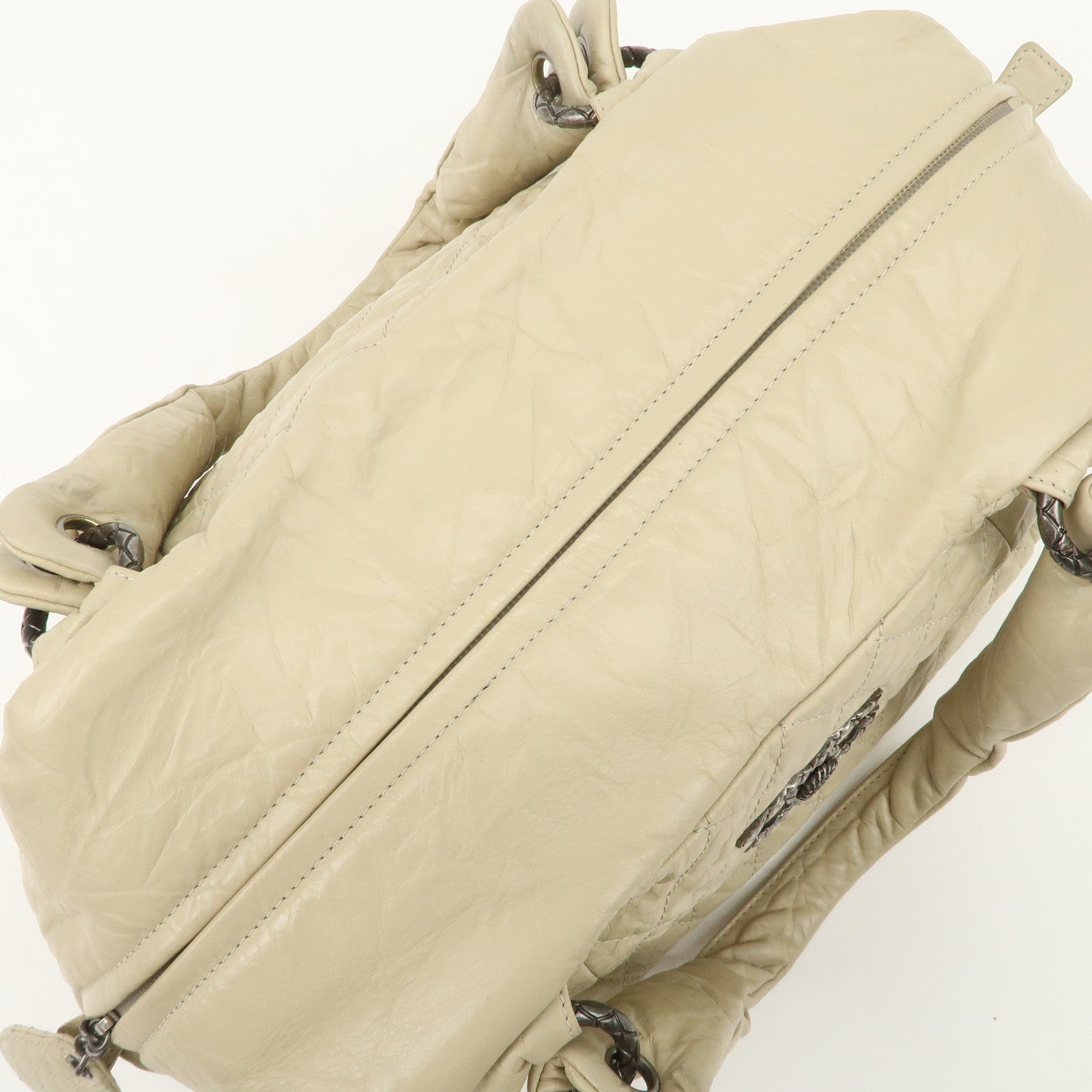 CHANEL Matelasse Leather COCO Mark Boston Bag Ivory Used