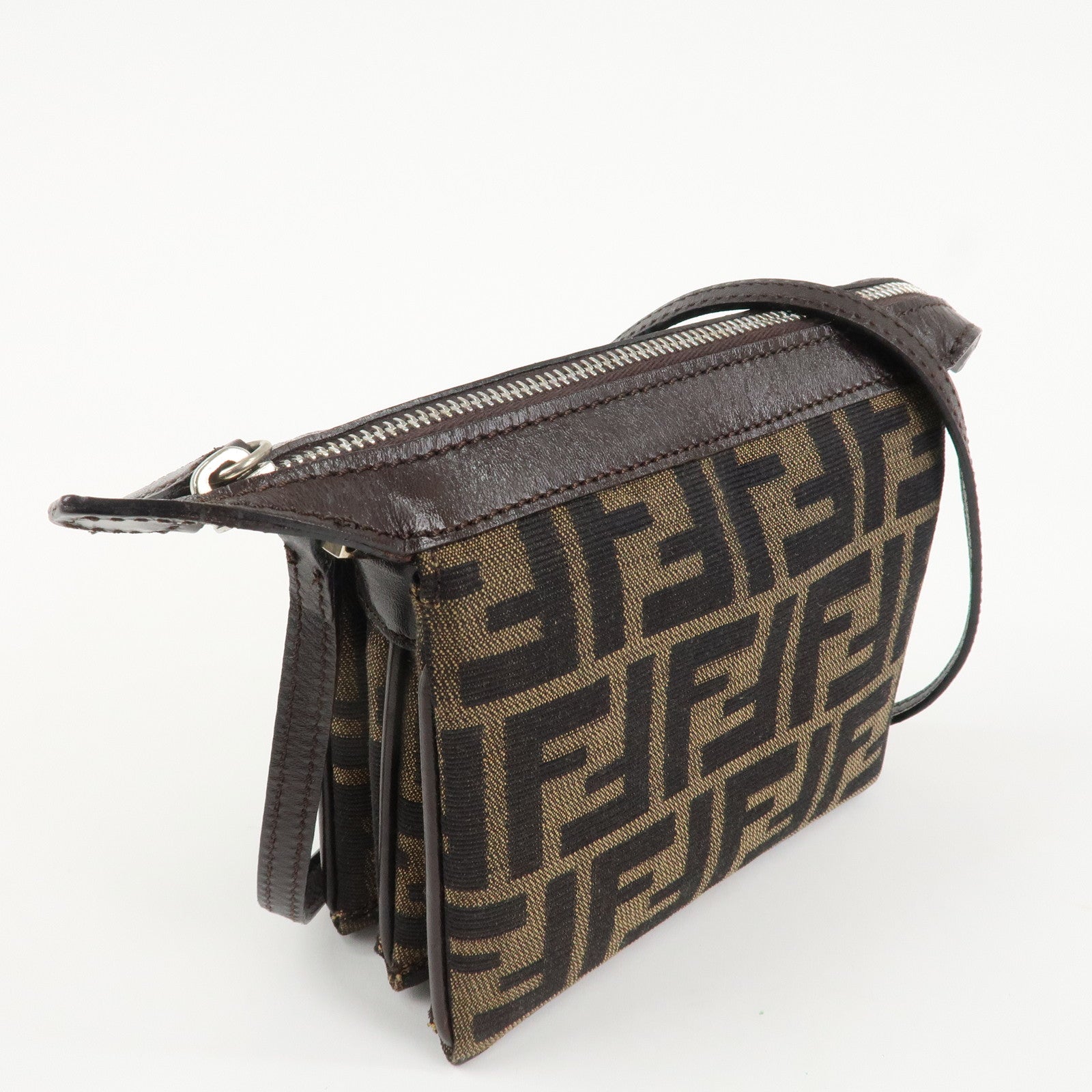 FENDI Zucca Canvas Leather Shoulder Bag Black Brown Silver HDW Used