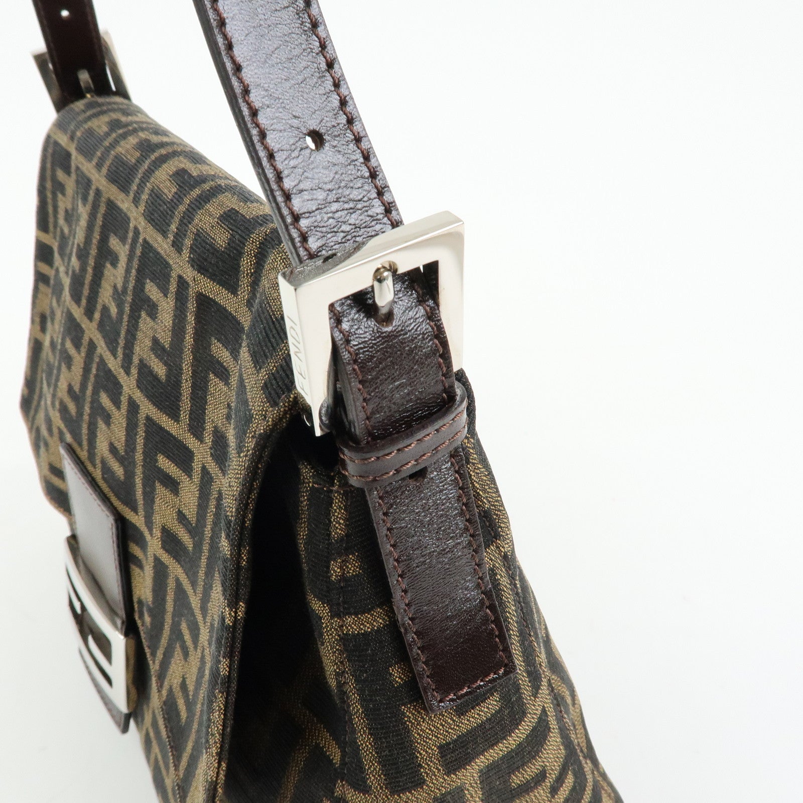 FENDI Mamma Baguette Zucca Canvas Leather Shoulder Bag Brown 26325
