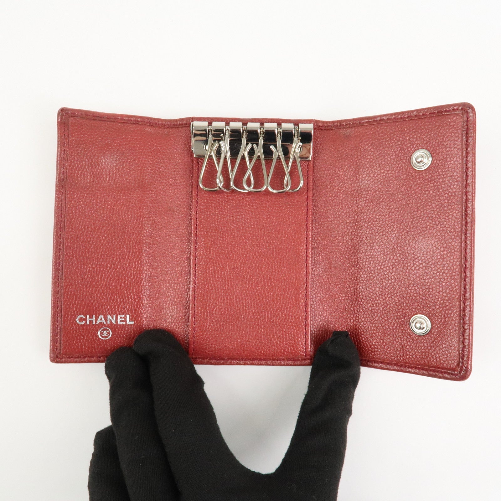 CHANEL COCO Mark Caviaskin Leather 6 Rings Key Case Key Ring Red