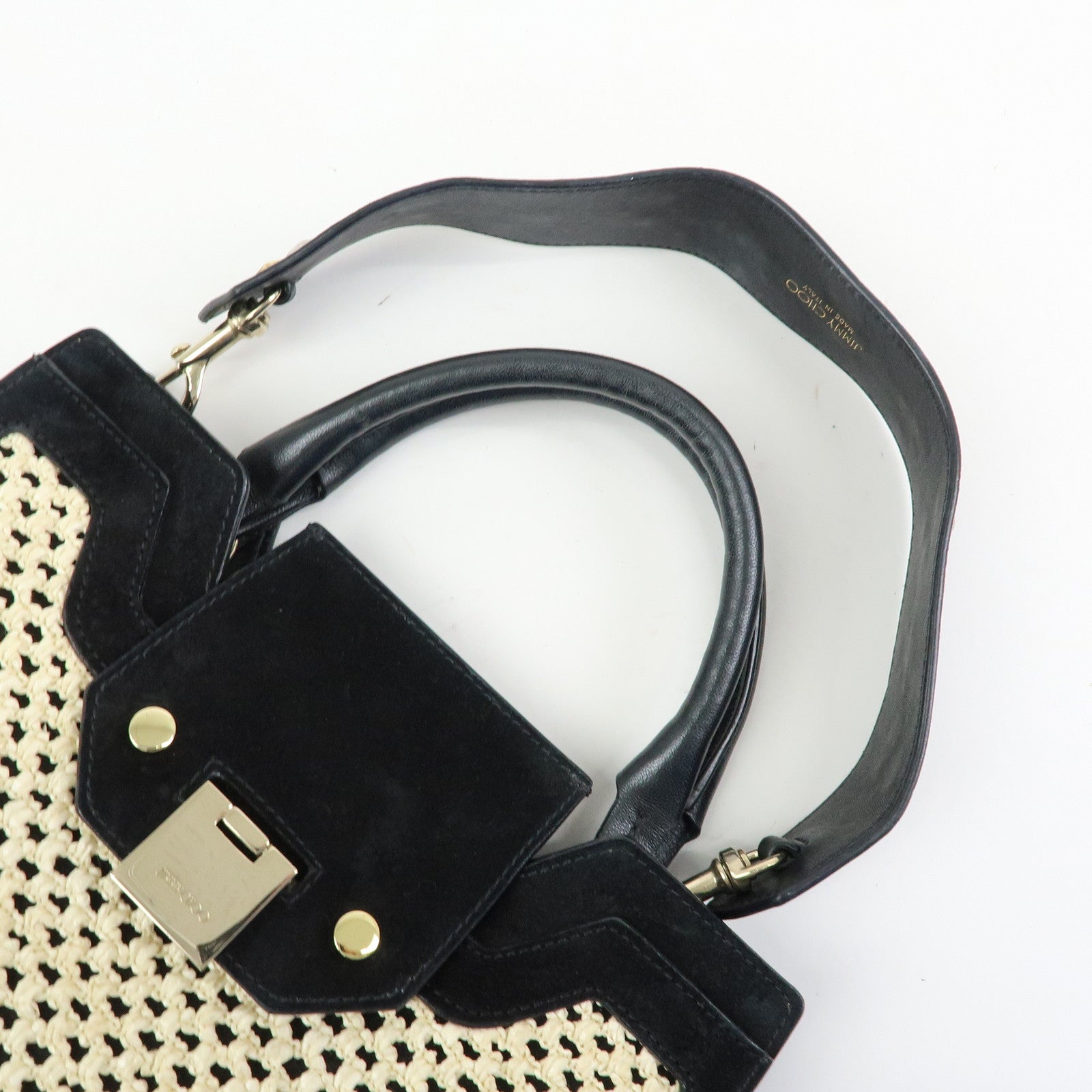 JIMMY CHOO Straw Suede Leather 2Way Bag Hand Bag Natural Black