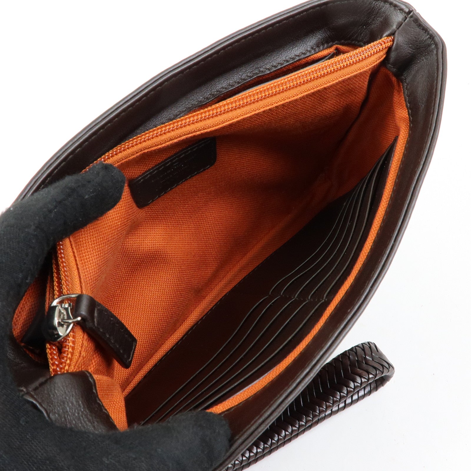 Ferragamo Leather Clutch Bag Second Bag Wrist Strap Brown
