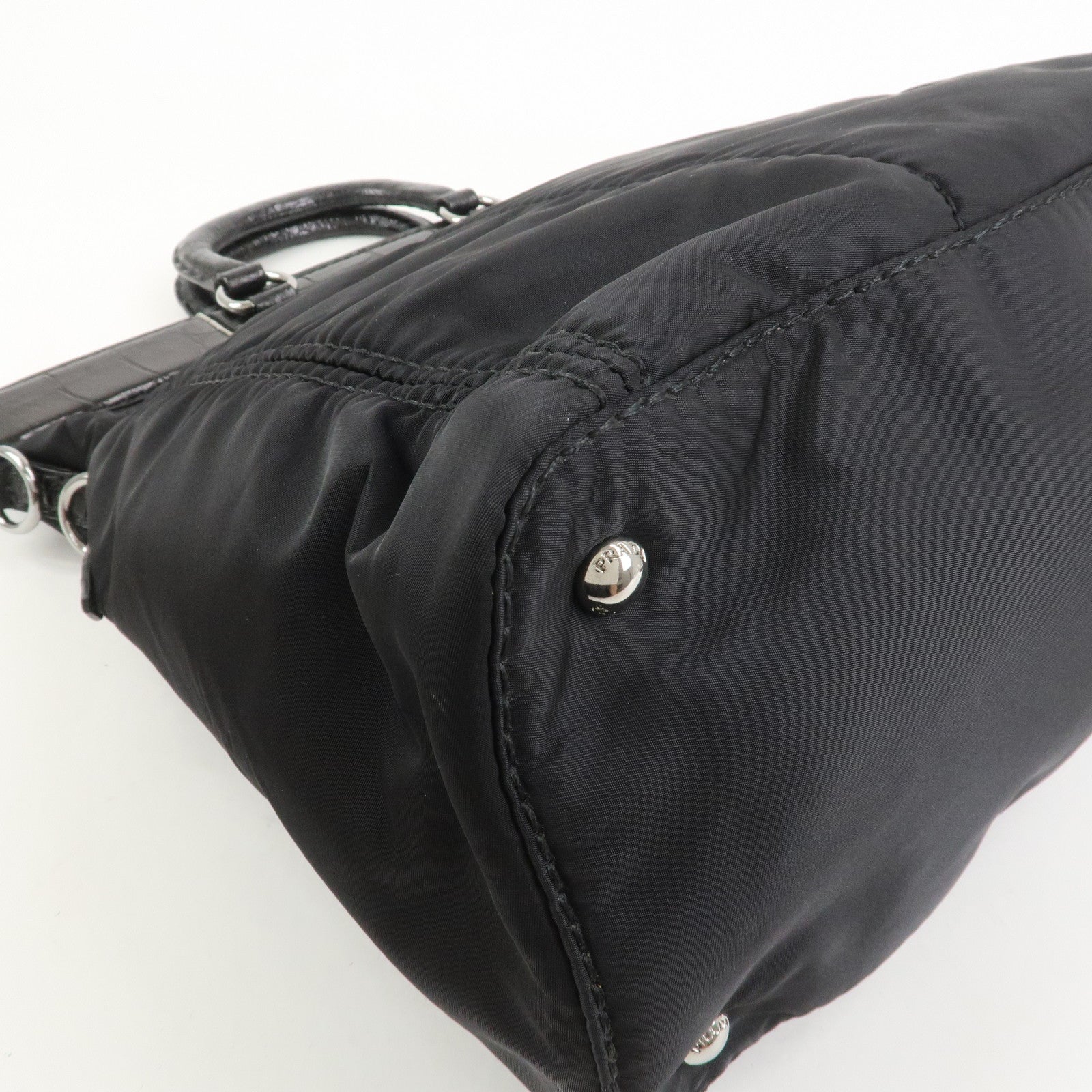 PRADA Triangle Logo Nylon Embossed Leather Hand Bag Black