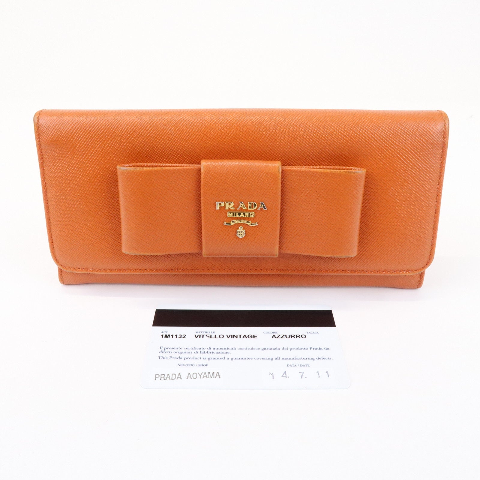 PRADA Saffiano Leather Ribbon Flap Long Wallet Orange 1M1132