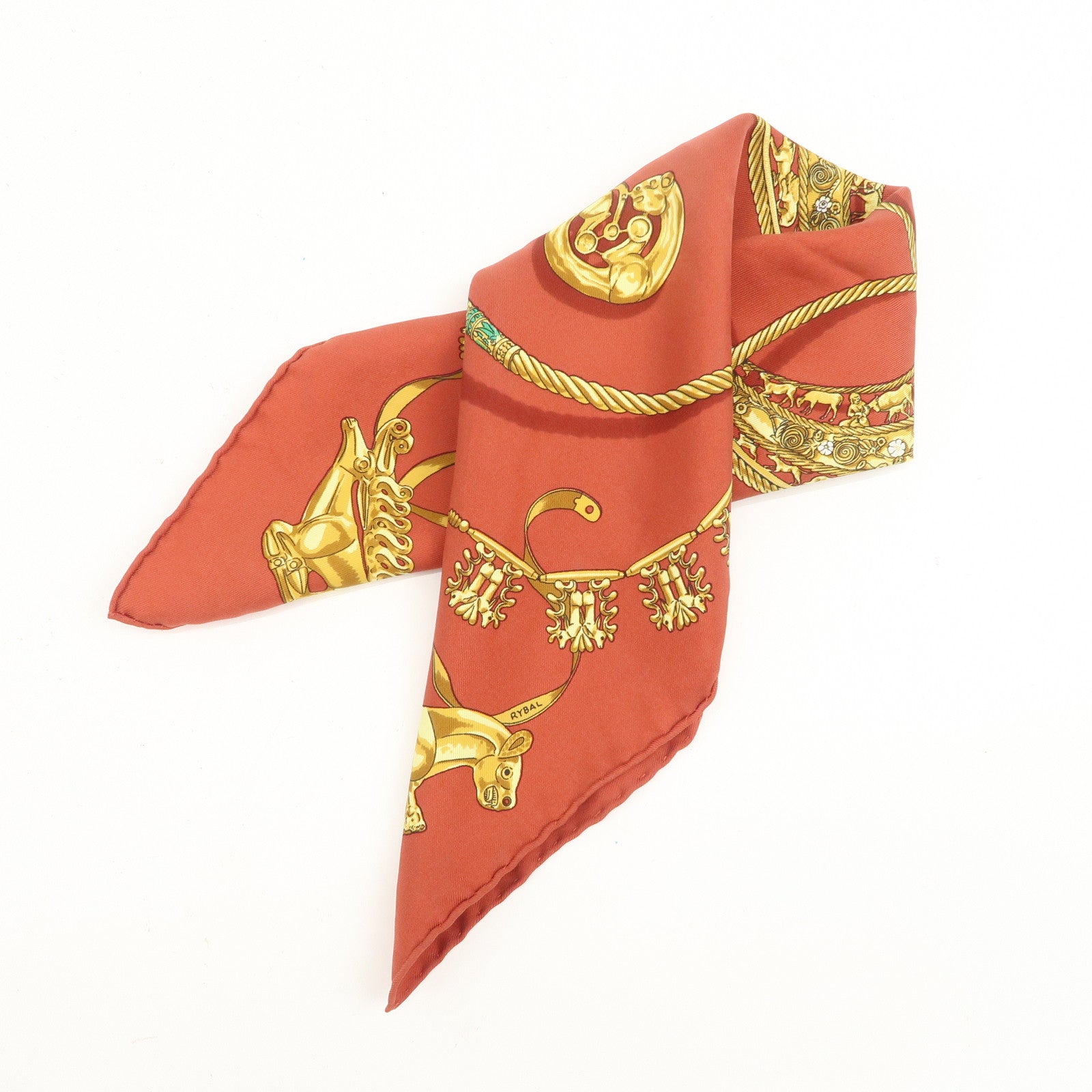 HERMES Carre 45 Silk 100% Scarf LES CAVALIERS D'OR Knight Motif Red