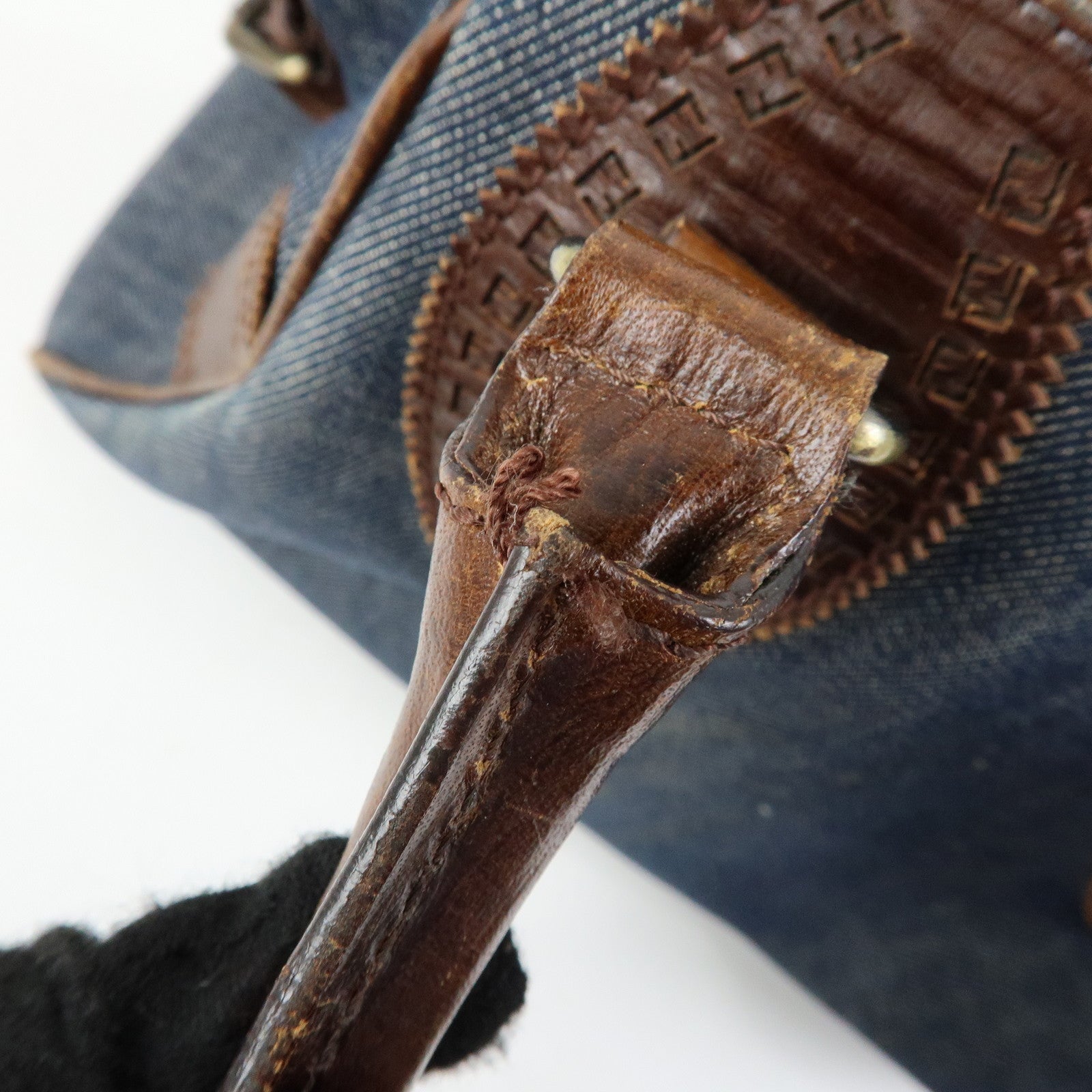 FENDI Etnico Denim Leather Shoulder Bag Indigo Blue Brown 8BN157