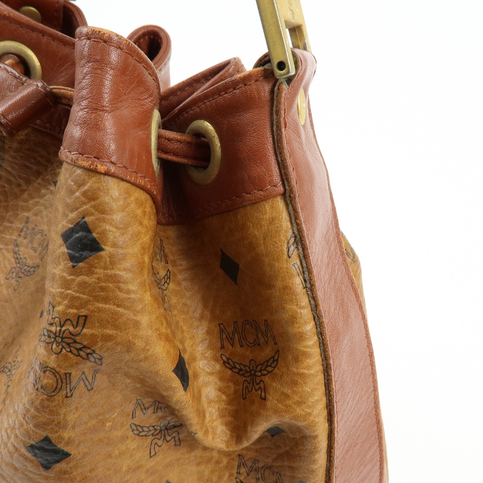 MCM Visetos Leather Drawstring Shoulder Bag Crossbody Bag Brown
