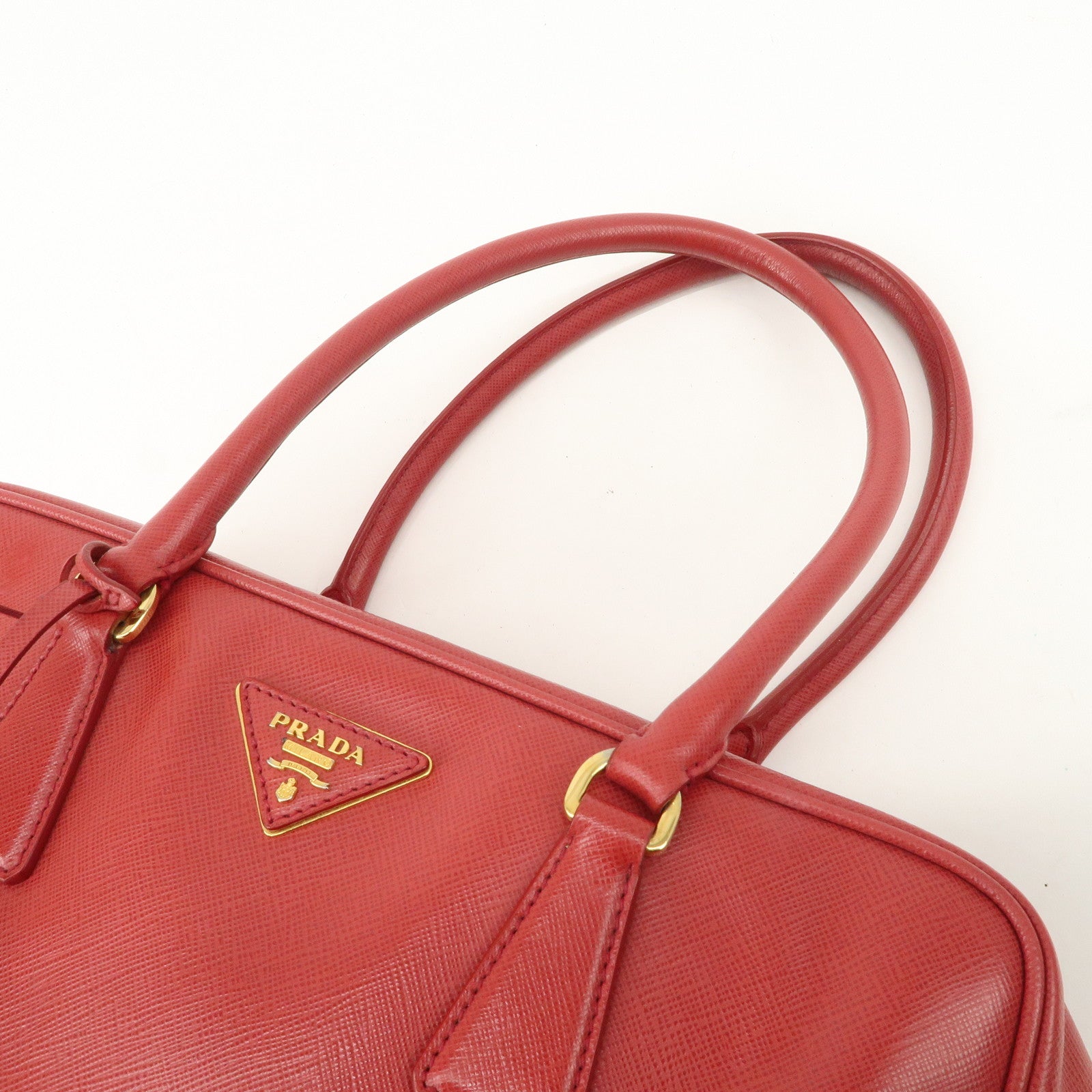 PRADA Triangle Logo Saffiano Leather Boston Bag Hand Bag Red BL0095 Used