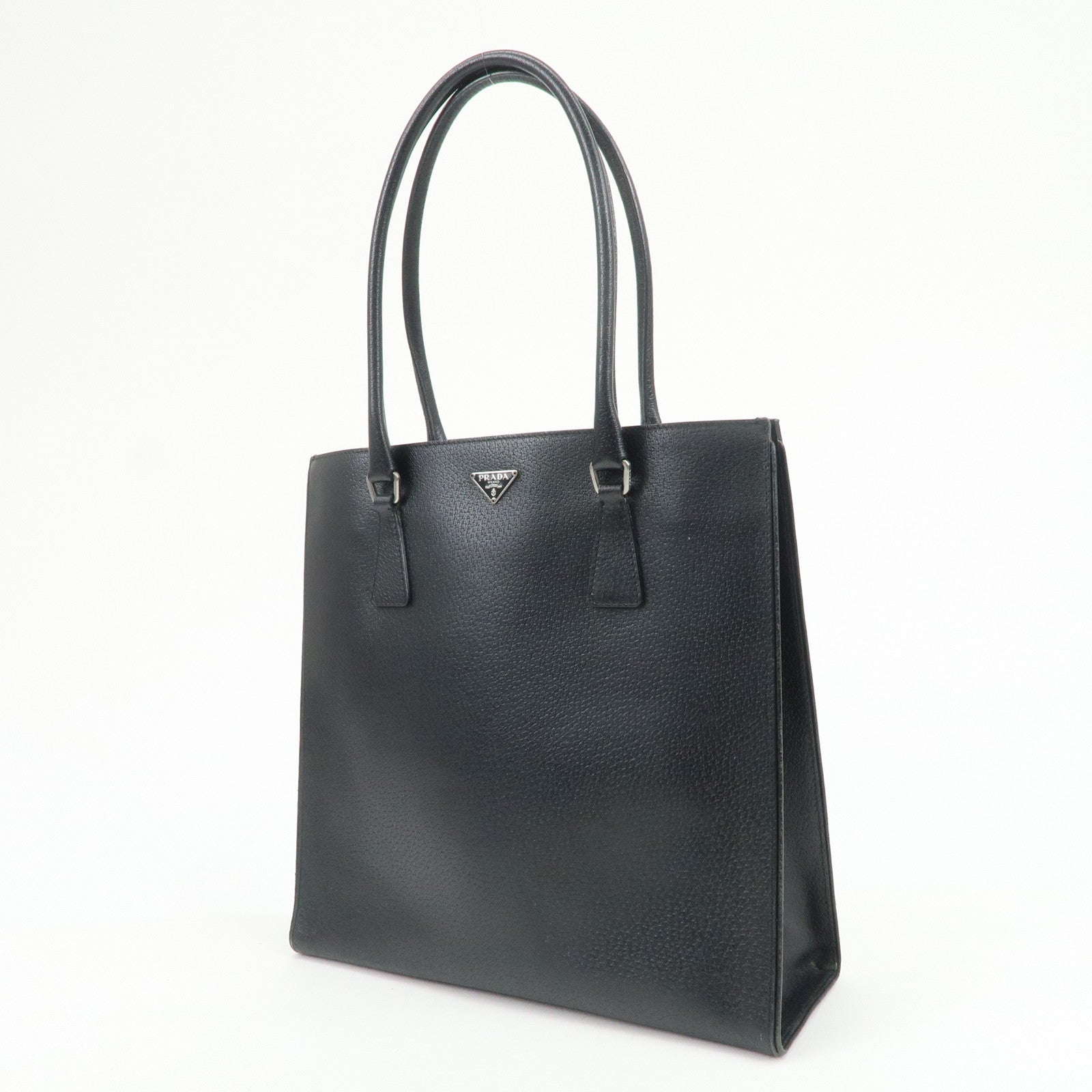 PRADA Triangle Logo Leather Tote Bag Shoulder Bag Black BR0394