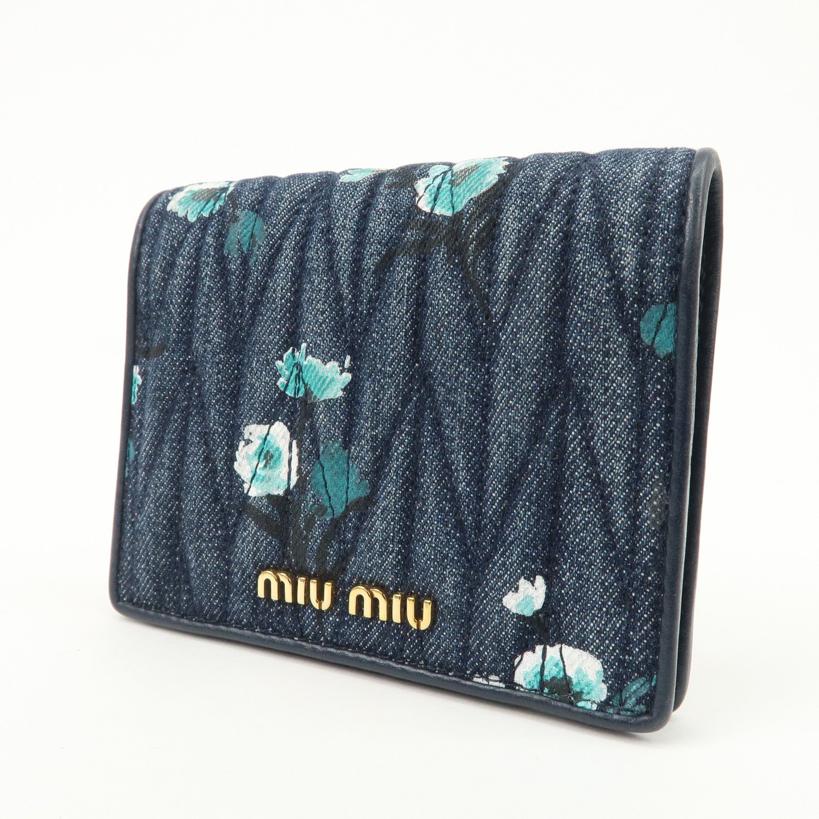 MIU MIU Matelasse Denim Leather Bi-fold Compact Wallet Indigo Blue 5MV204