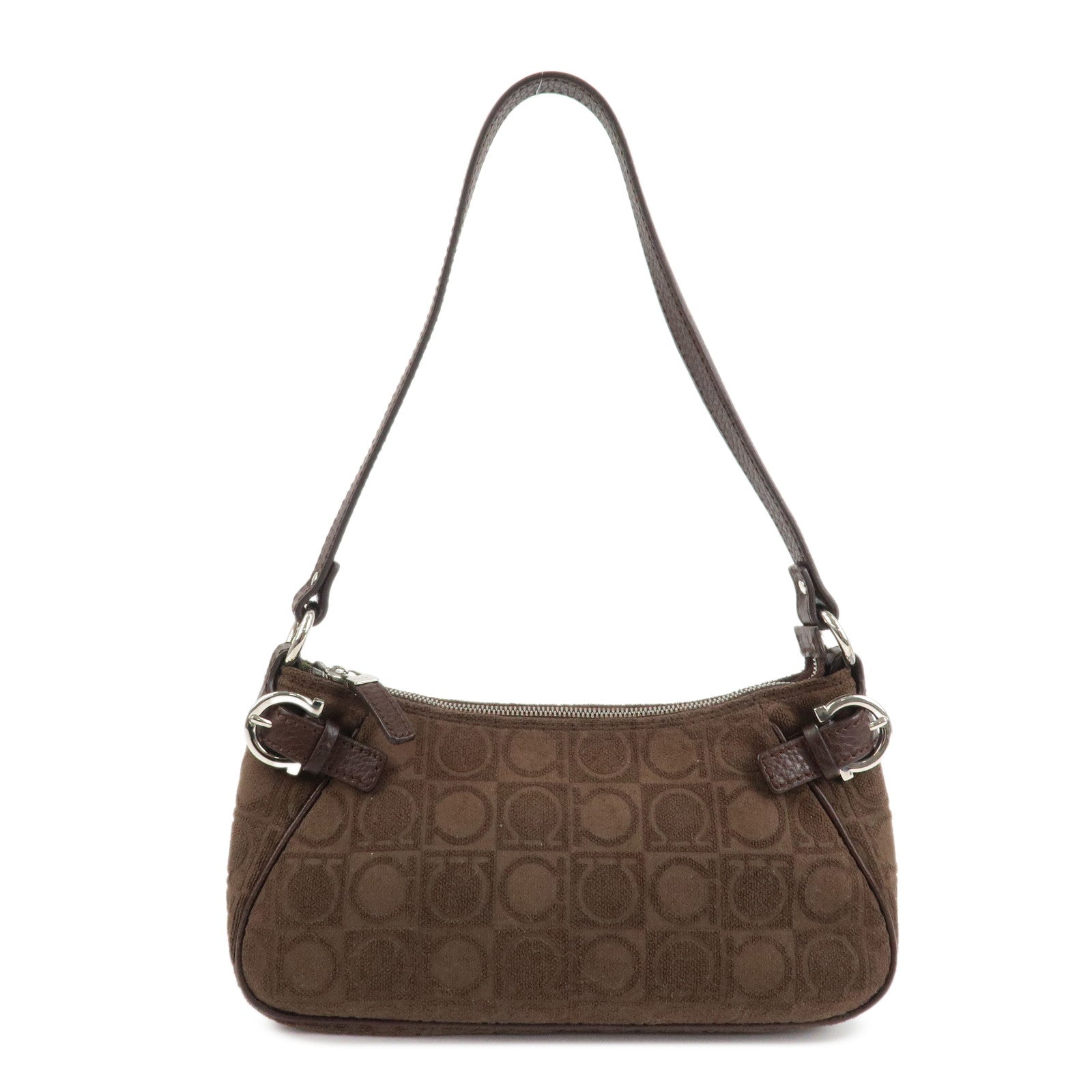 Ferragamo Gancini Leather Cotton Accessory Pouch Hand Bag Brown