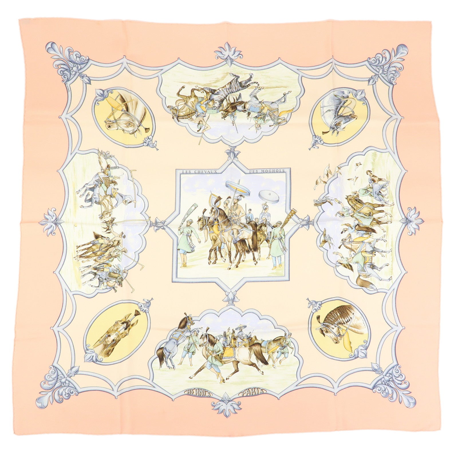 HERMES Carre 90 Silk 100% Scarf LES CHEVAUX DES MOGHOLS Pink Beige