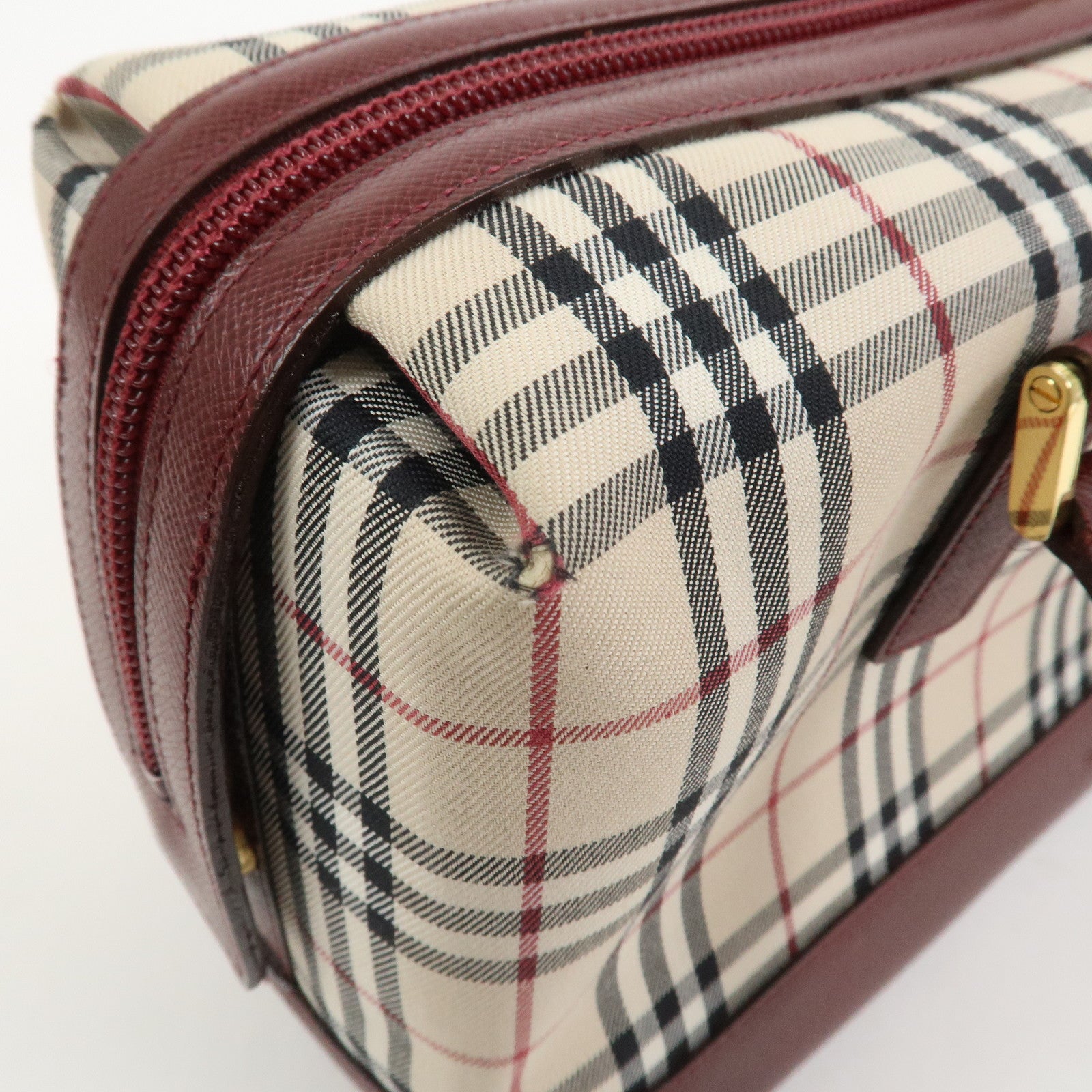 BURBERRY Nova Plaid Canvas Leather Shoulder Hand Bag Beige Bordeaux