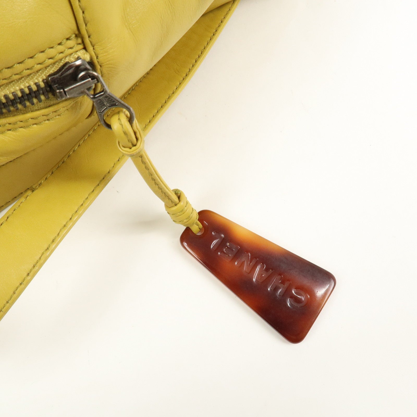 CHANEL COCO Mark Lamb Skin Back Pack Ruck Suck Yellow