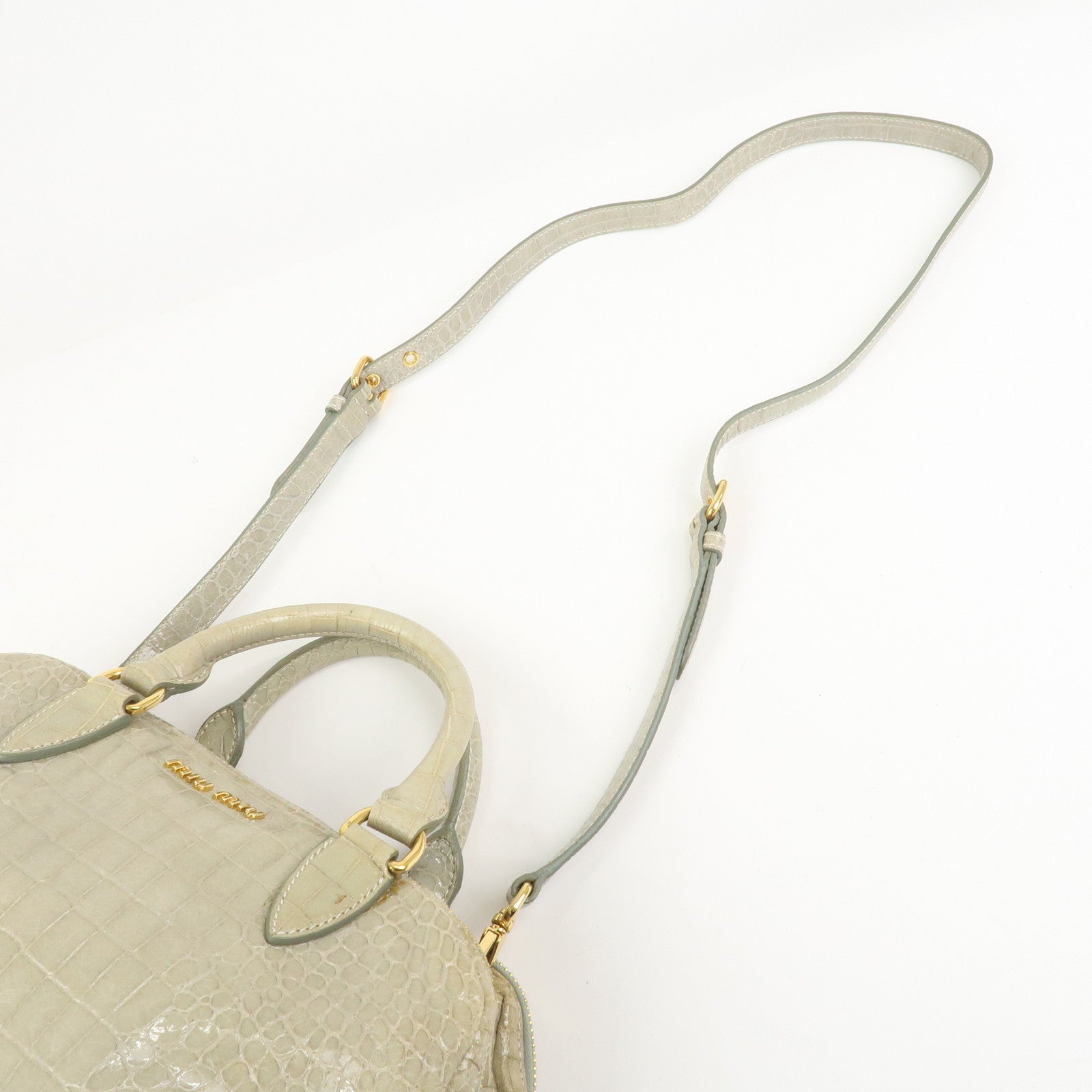 MIU MIU Logo Embossed Leather 2Way Bag Hand Bag Shoulder Bag Beige