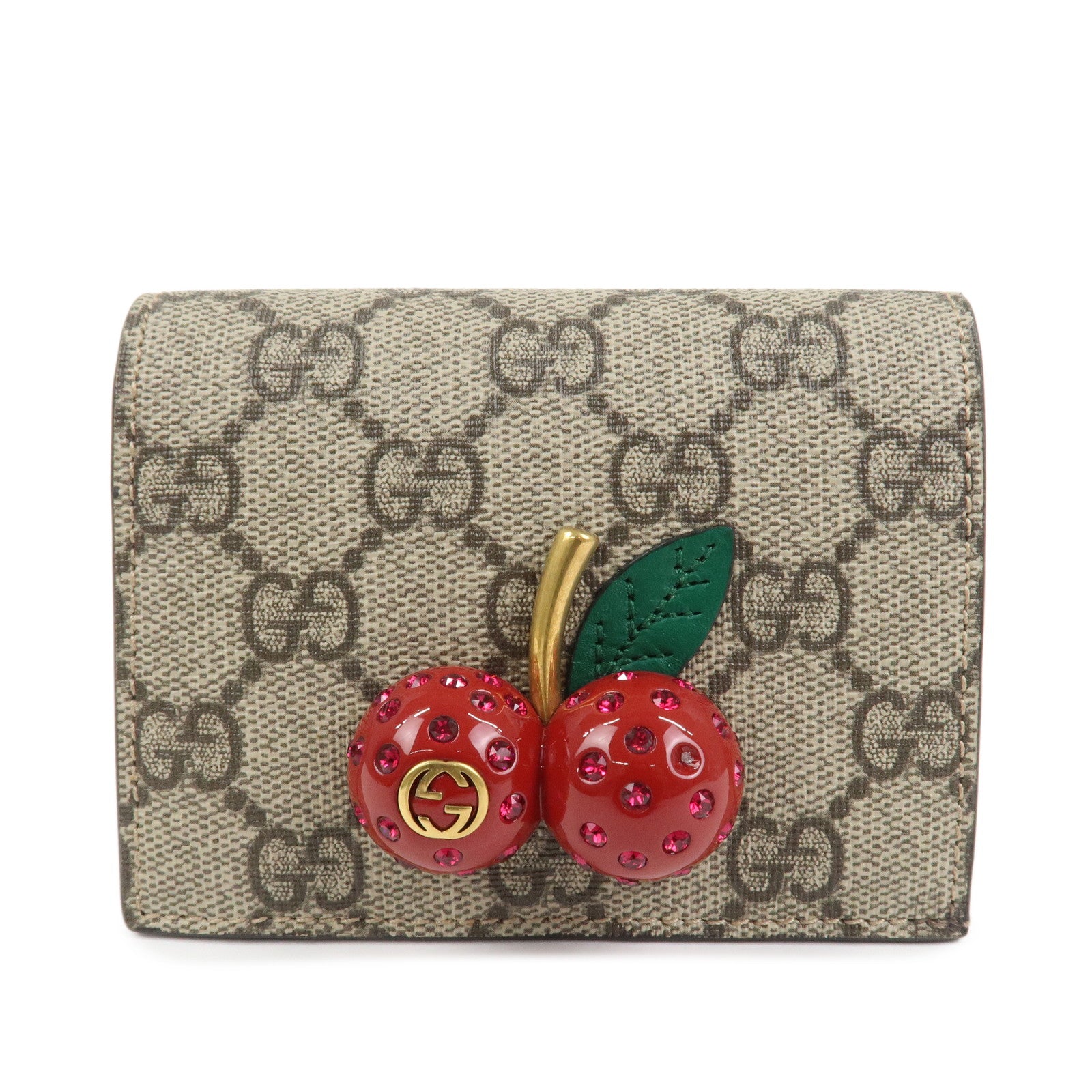 GUCCI Interlocking G GG Supreme Cherry Compact Wallet Beige 476050