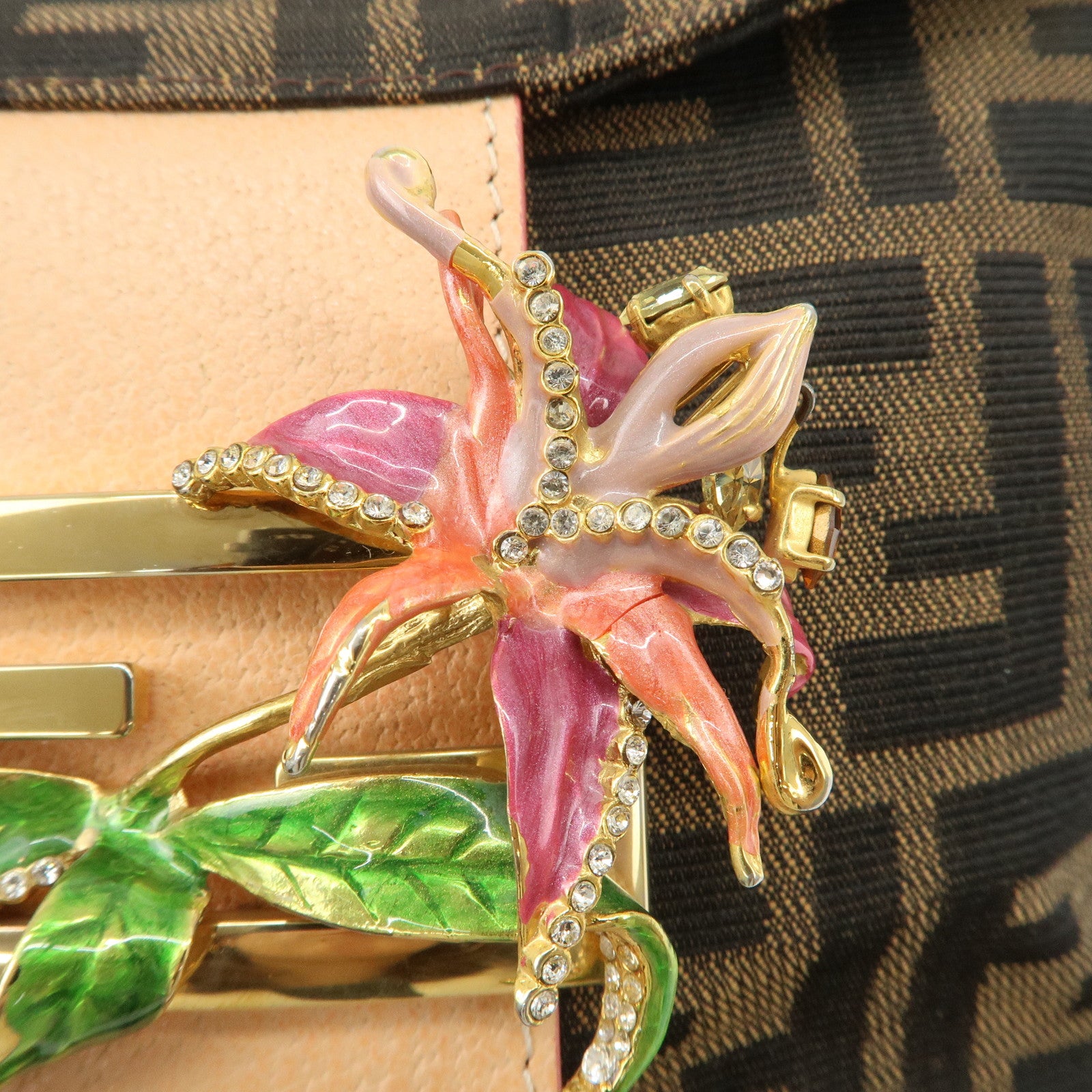 FENDI Zucca Canvas Leather Shoulder Bag Black Pink Flower Motif