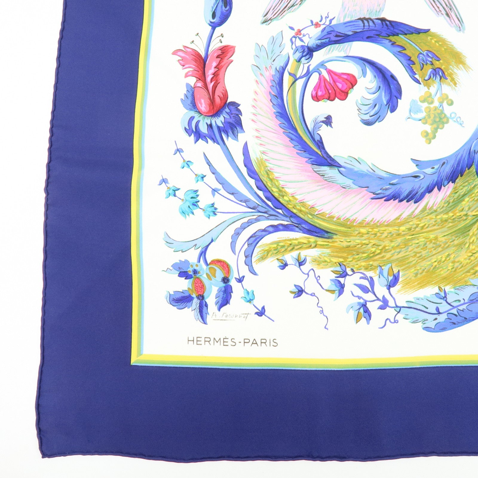 HERMES Carre 90 Silk 100% Scarf CERES White Blue Navy