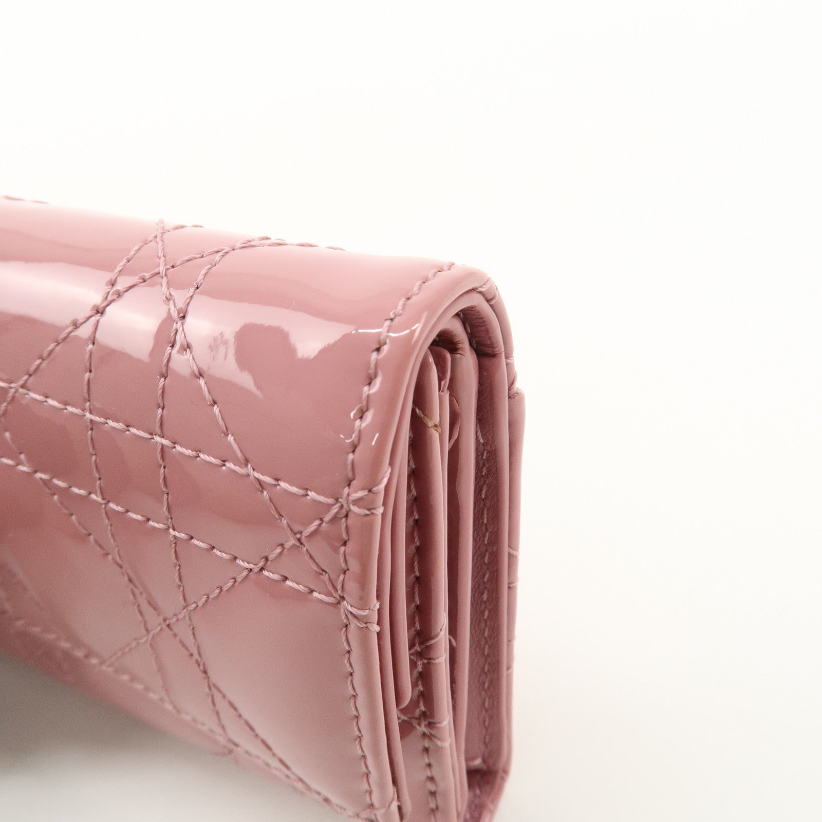 Christian Dior Lady Dior Cannage Patent Leather Tri-fold Wallet Pink Used