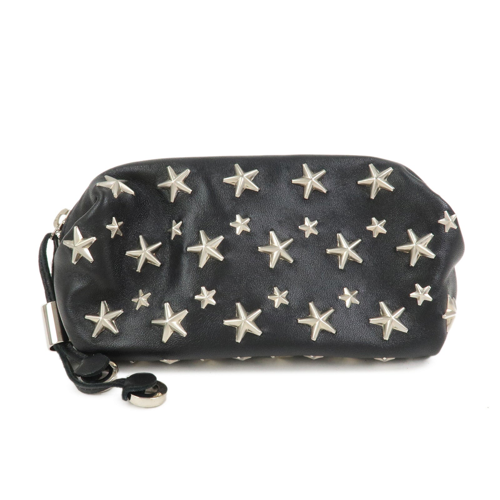 JIMMY CHOO Leather Star Studs Pouch Cosmetic Pouch Makeup Bag Black