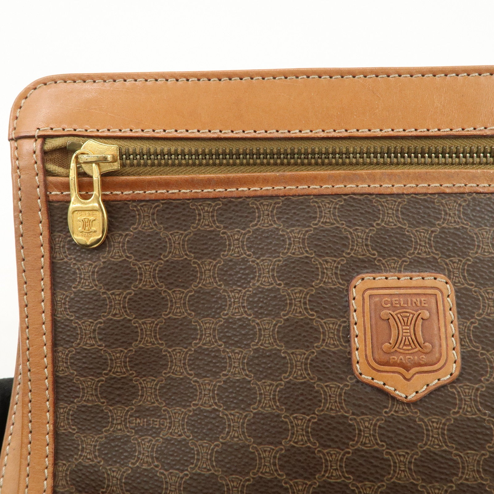 CELINE Macadam PVC Leather Clutch Bag Brown Gold HDW