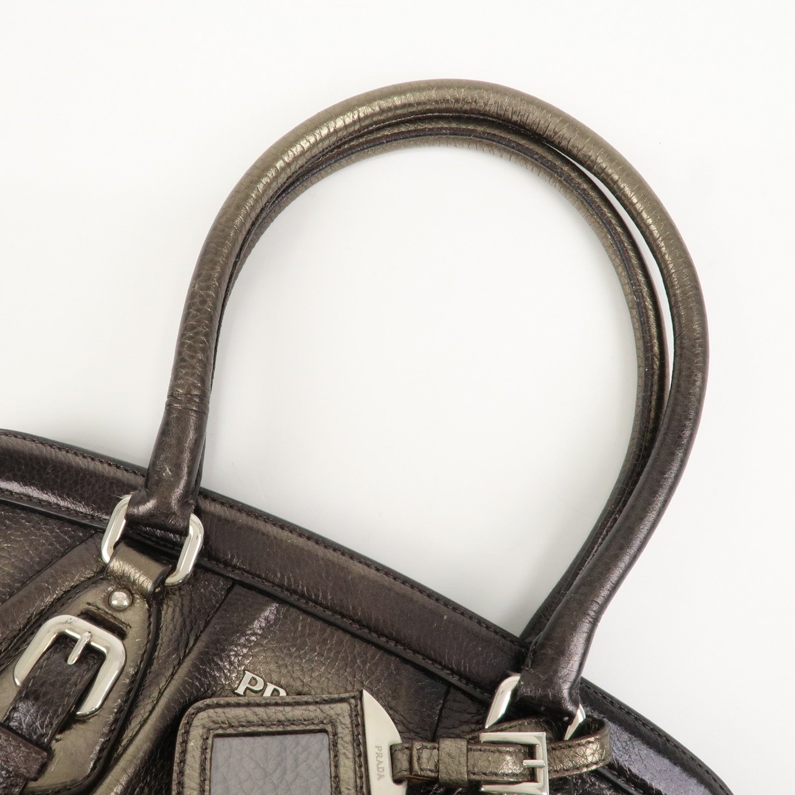 PRADA Logo Leather Shoulder Bag Boston Bag Metallic Gold