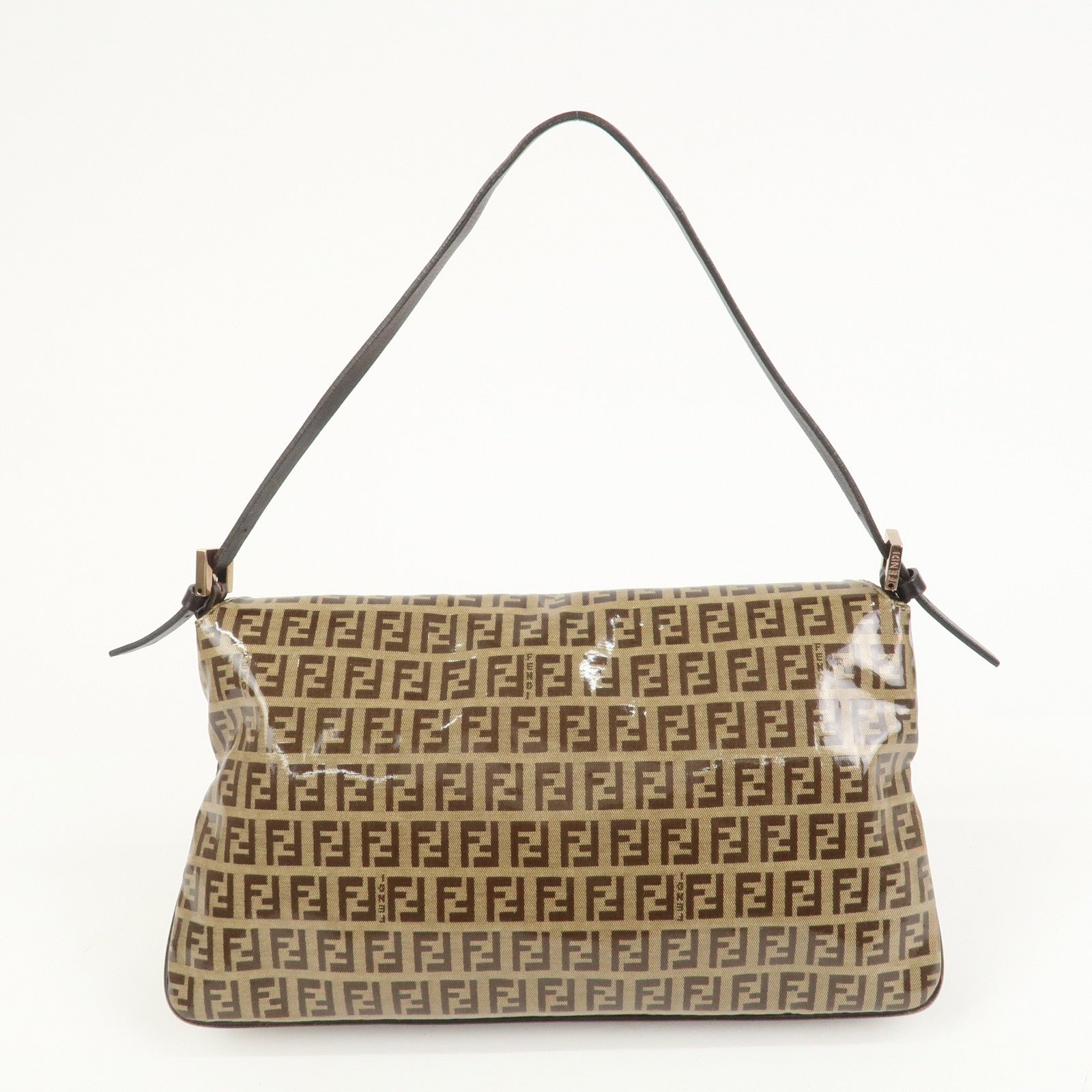 FENDI Zucchino PVC Canvas Leather Shoulder Bag Brown 8BR002