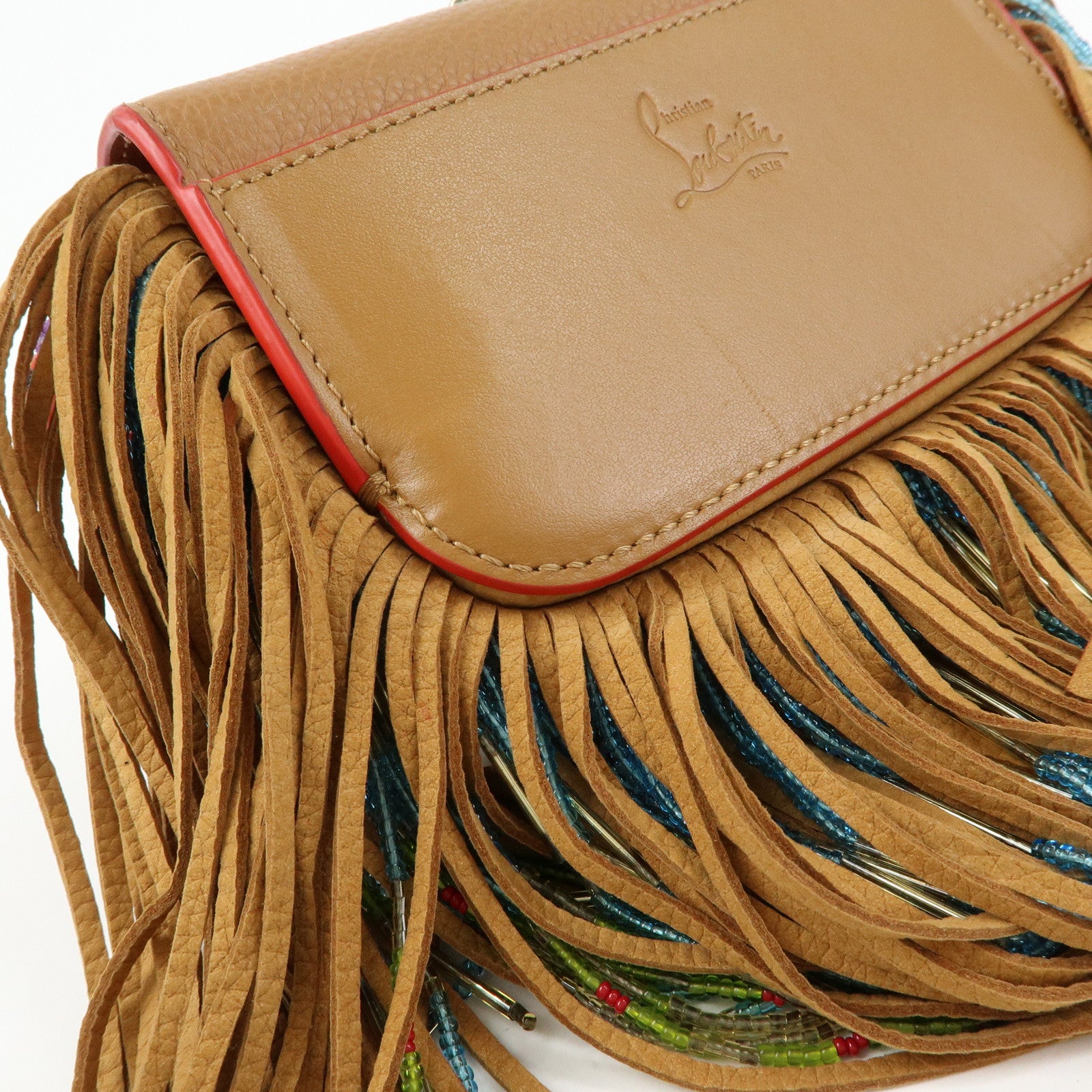 Christian Louboutin Leather Beaded Fringe Shoulder Bag Brown