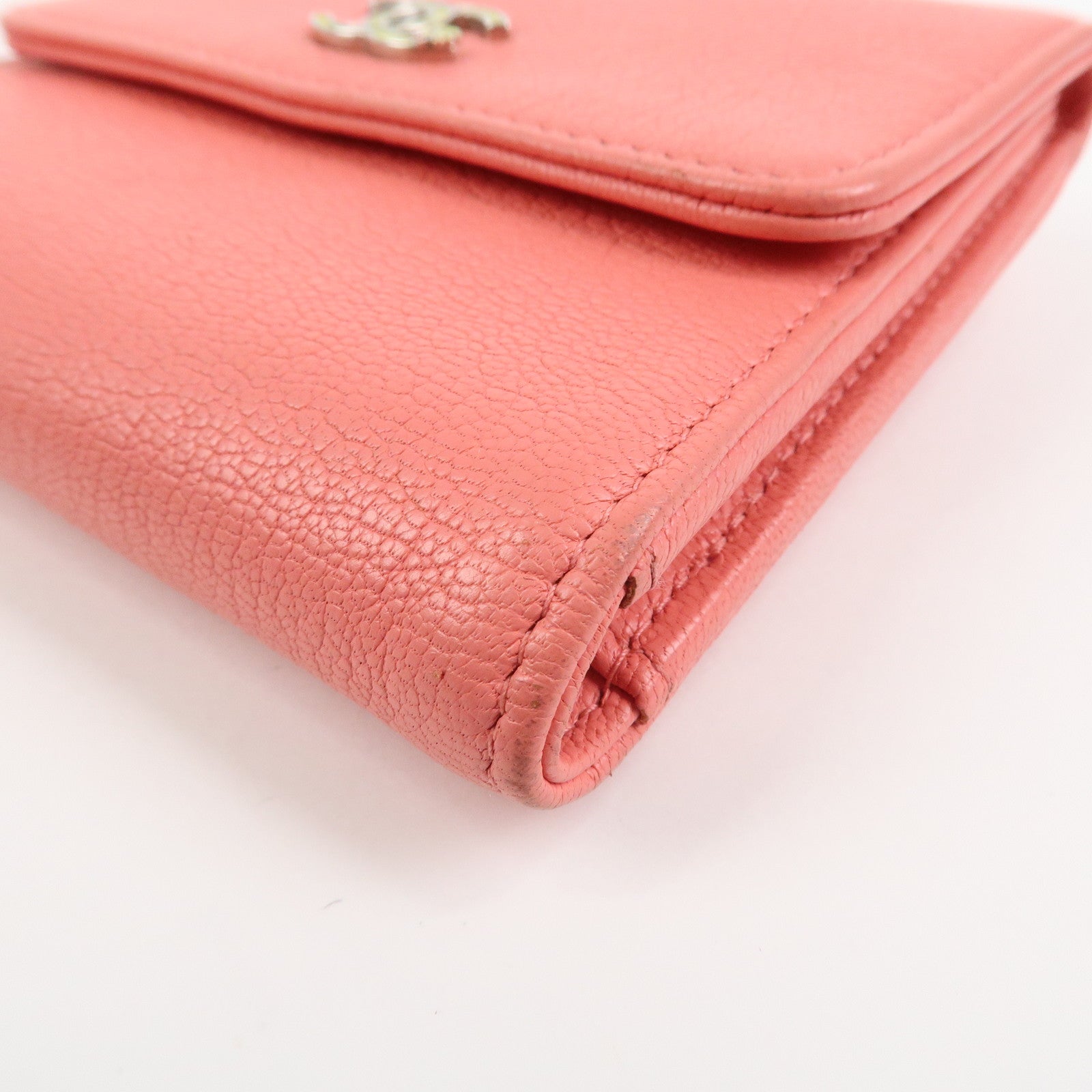CHANEL COCO Mark Calf Leather Compact Wallet Clover Motif Pink