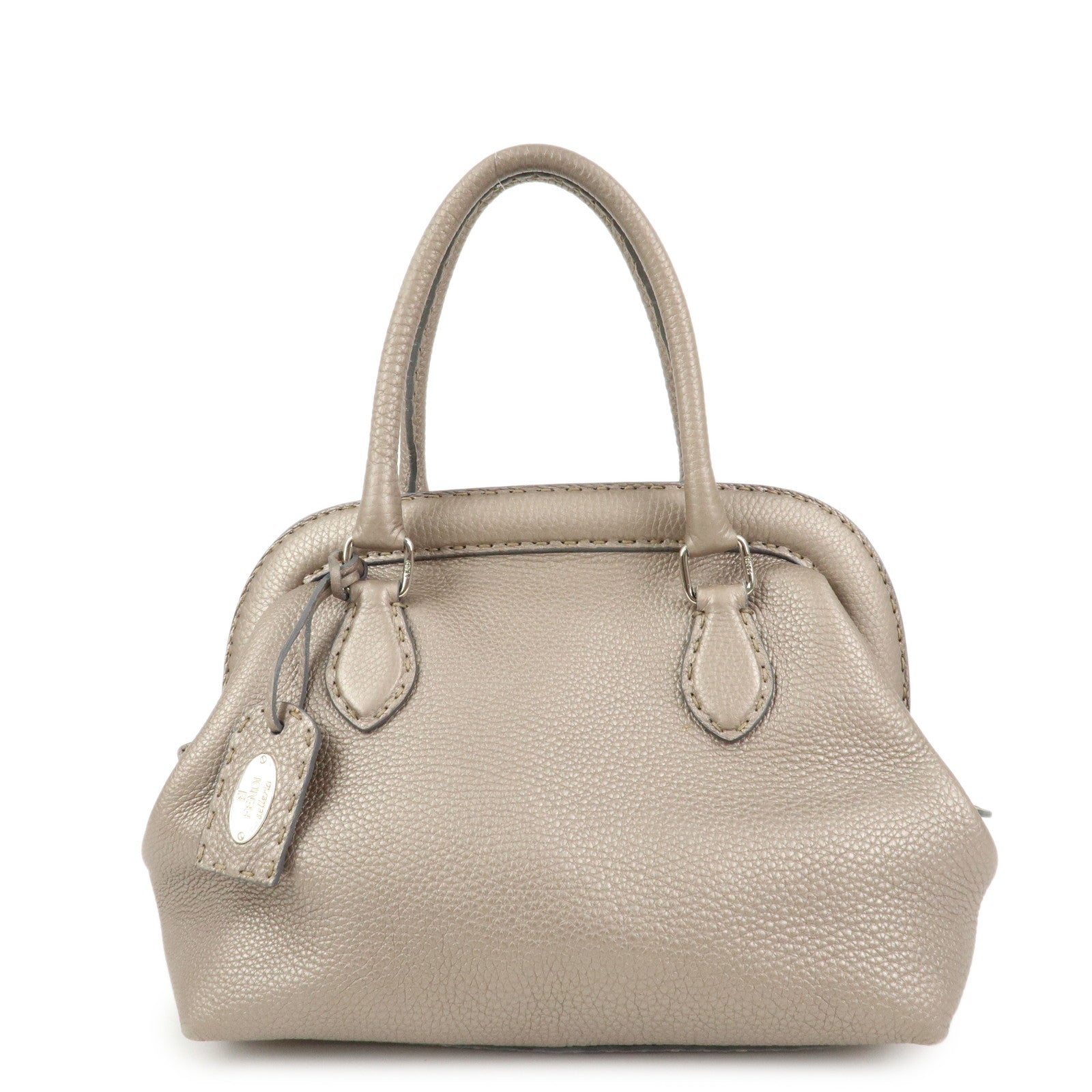 FENDI Selleria Logo Leather Boston Bag Hand Bag Greige 8BN127