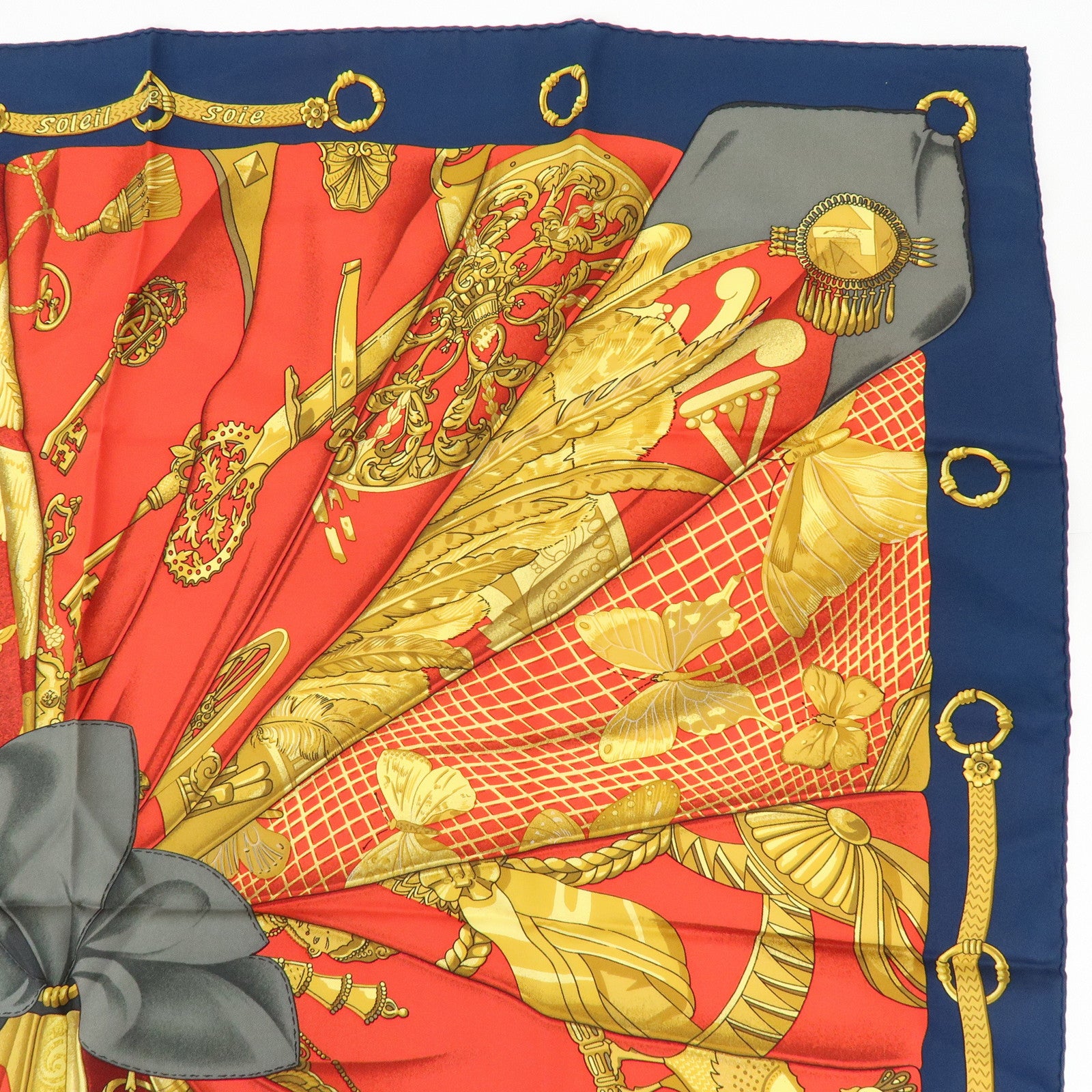 HERMES Carre 90 Silk 100% Soleil de Soie Scarf Gold Red Navy