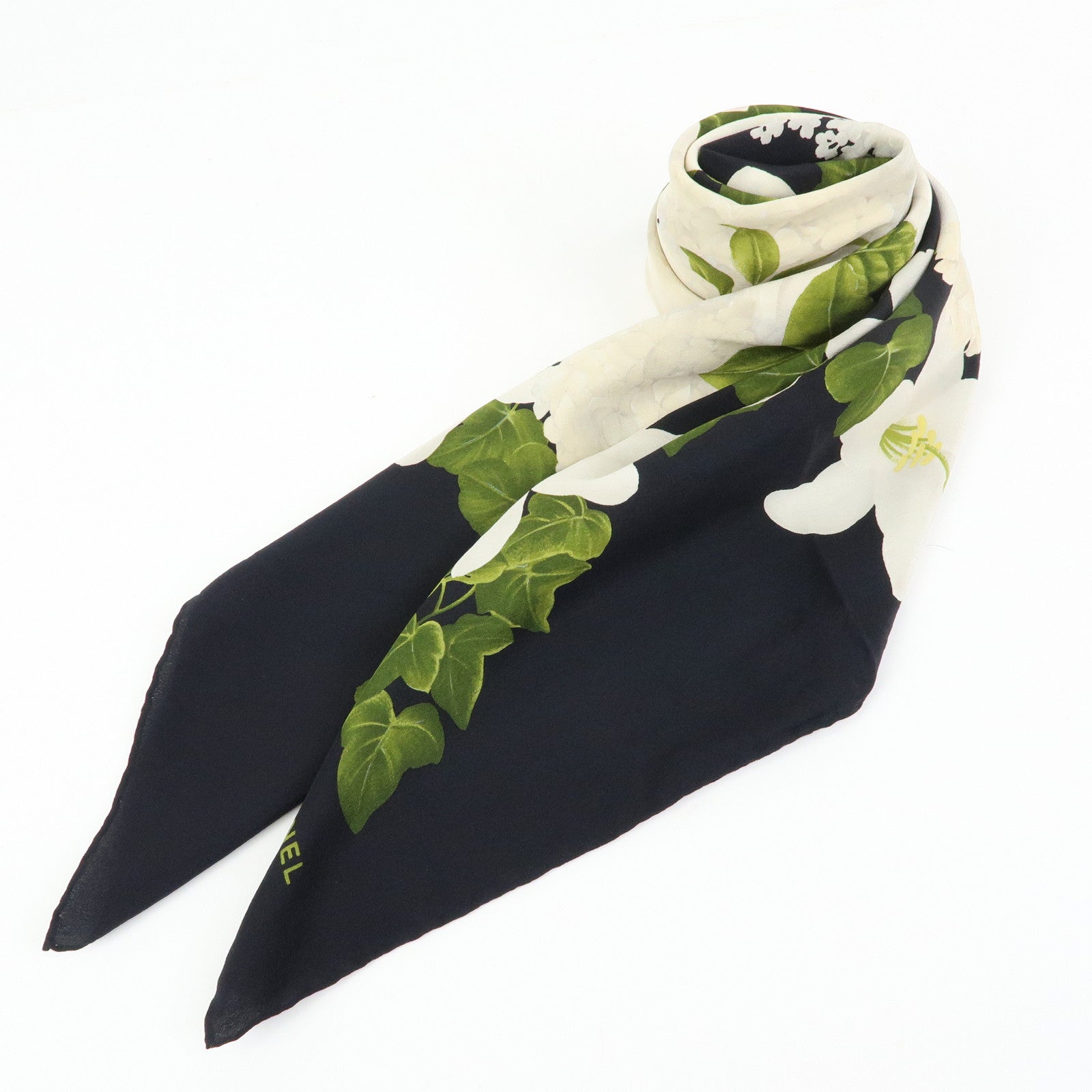 CHANEL Silk 100% Vintage Scarf Flower Print Black White