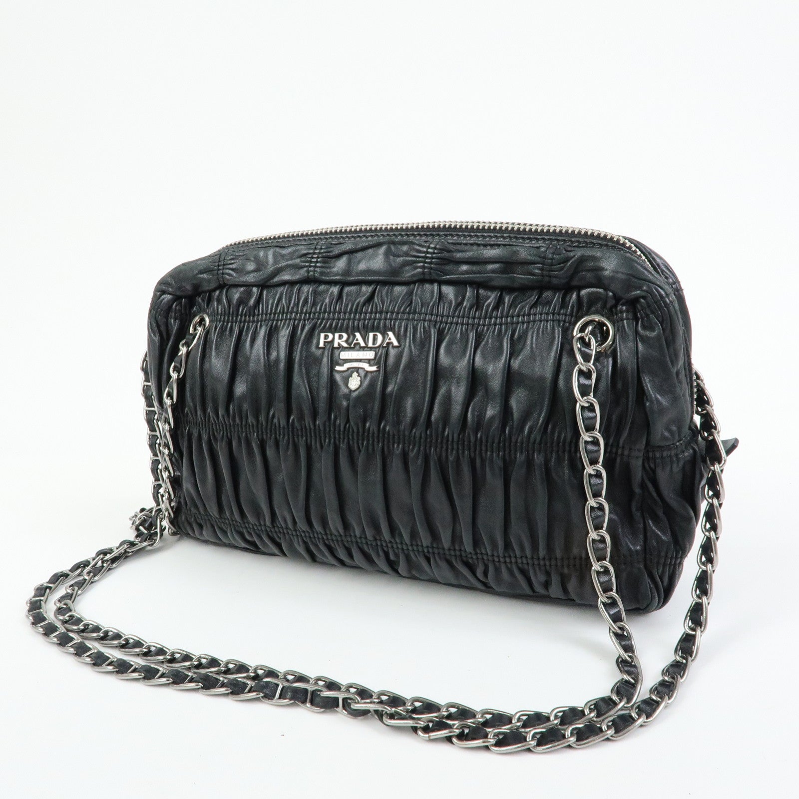 PRADA Logo Nappa Leather Gathered Chain Shoulder Bag Black