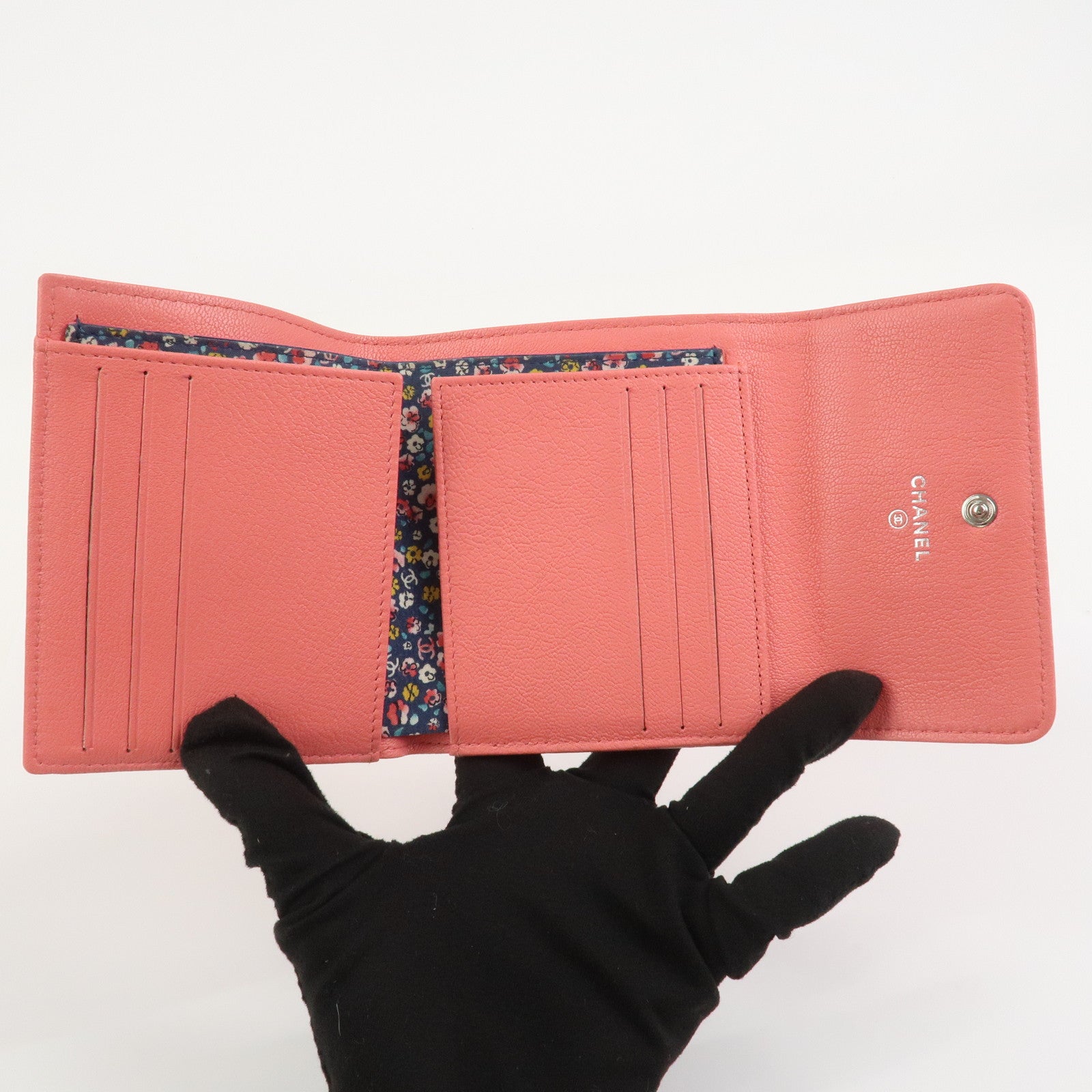 CHANEL COCO Mark Calf Leather Compact Wallet Clover Motif Pink