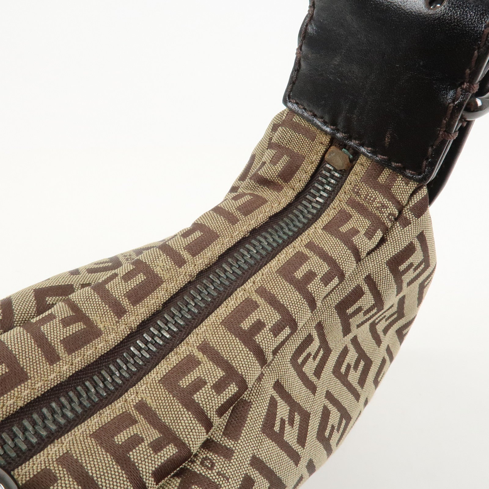 FENDI Zucchino Canvas Leather Shoulder Bag Hand Bag Brown