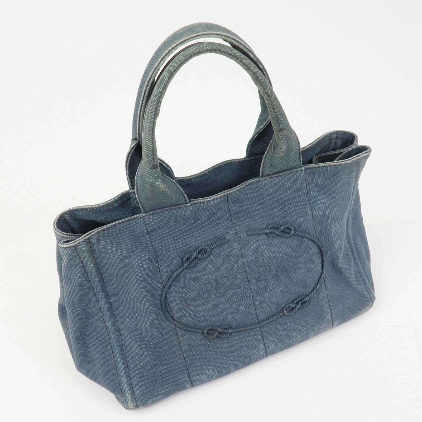 PRADA Logo Canapa Canvas Tote Bag Hand Bag Blue B1877B