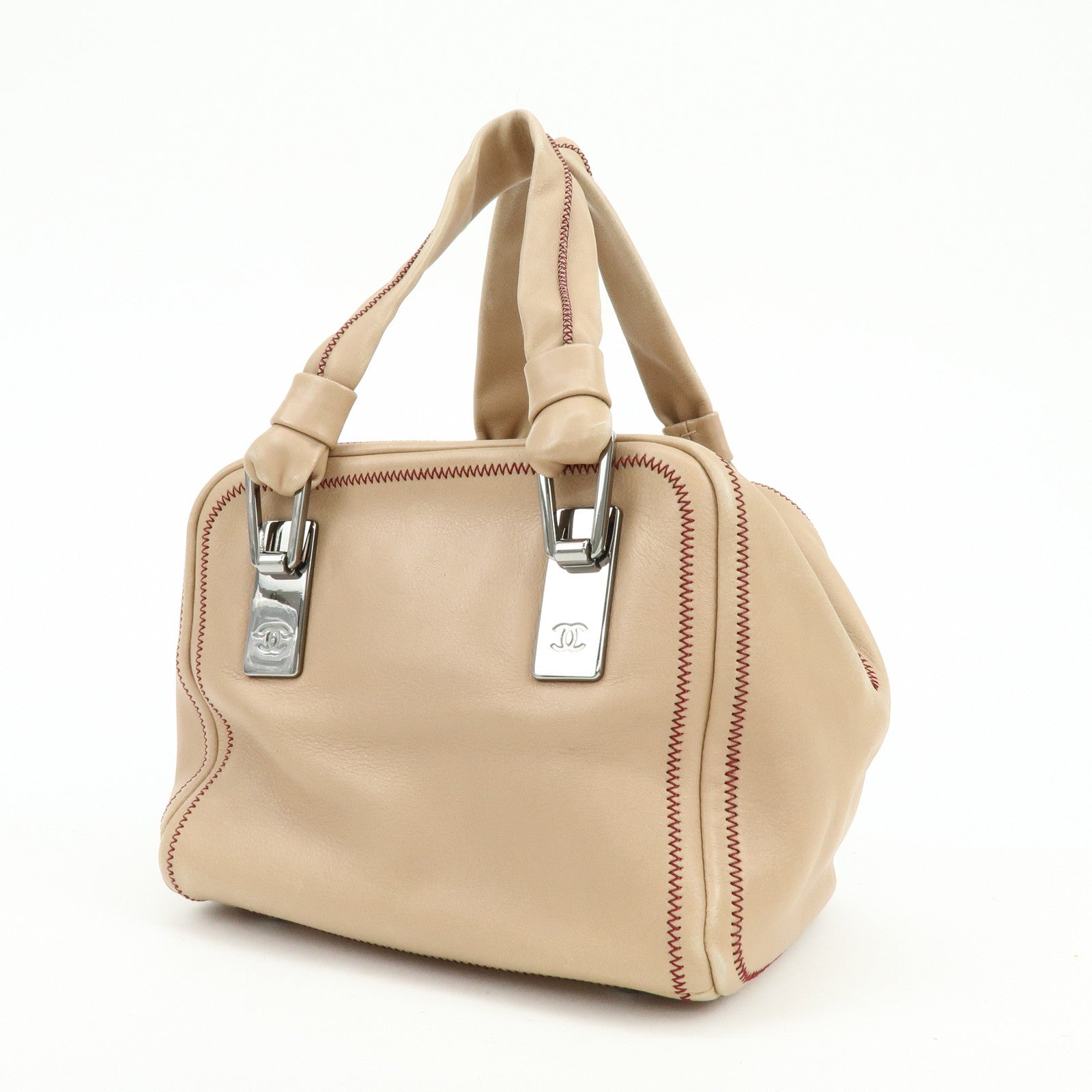 CHANEL COCO Mark Lamb Skin Hand Bag Pink Beige