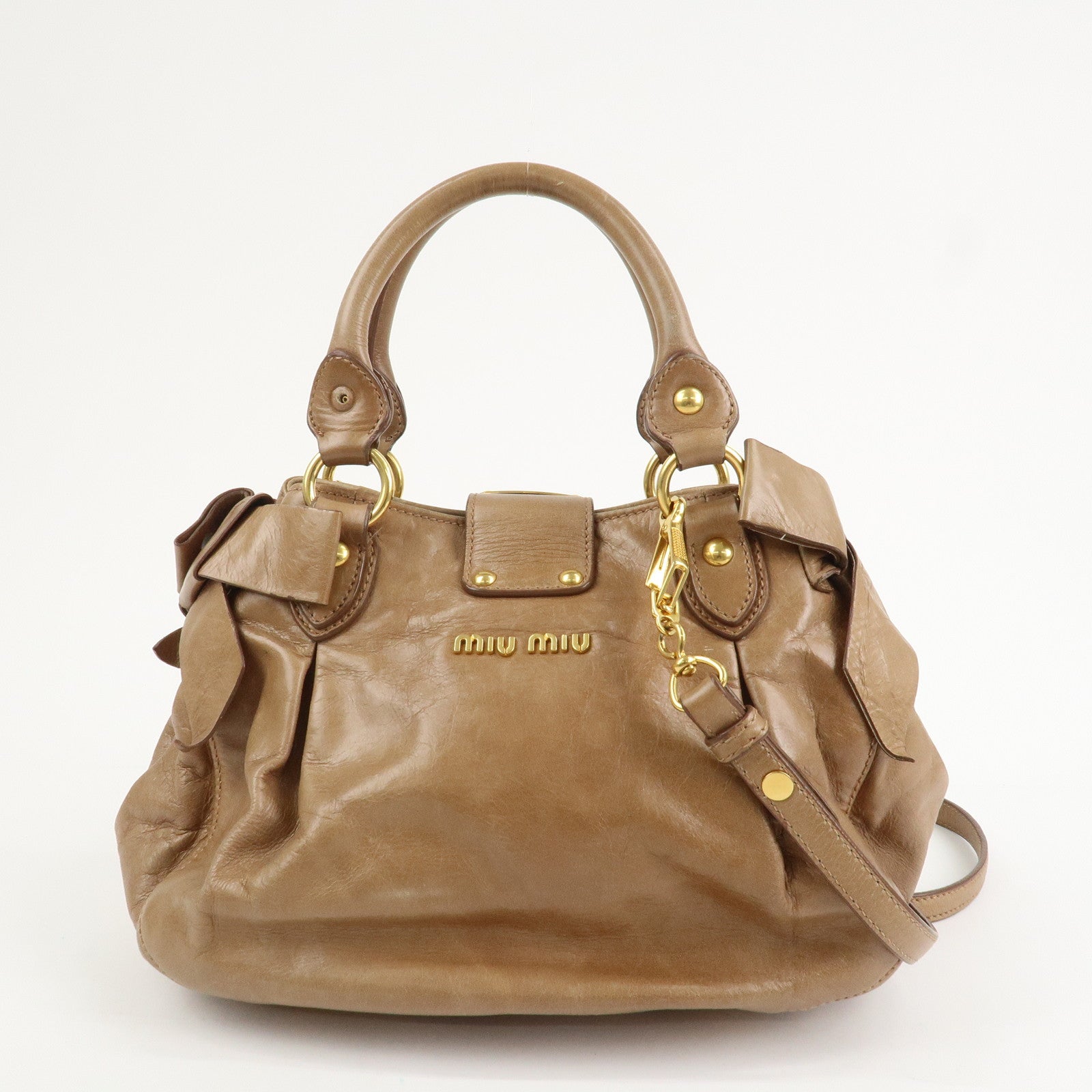 MIU MIU Leather Side Ribbon 2Way Bag Hand Bag Beige Gold