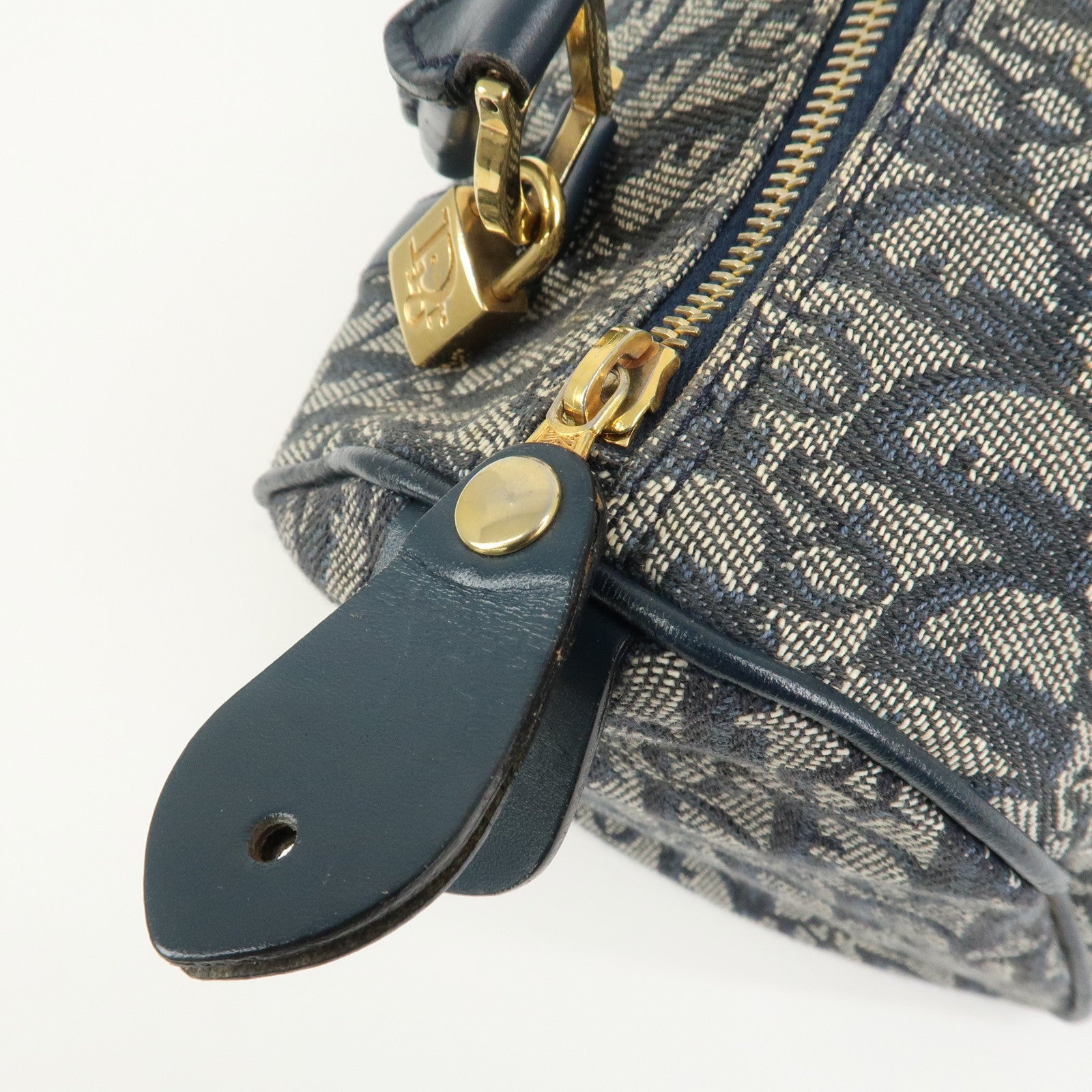 Christian Dior Oblique Canvas Leather Boston Bag Hand Bag Navy