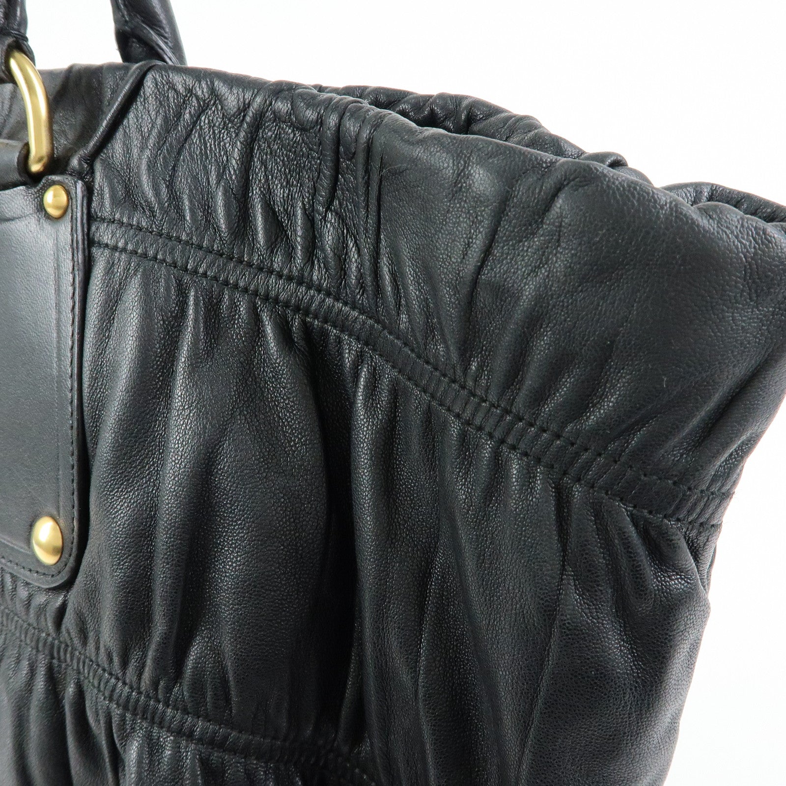 PRADA Logo Leather Gathered Tote Bag Hand Bag Black