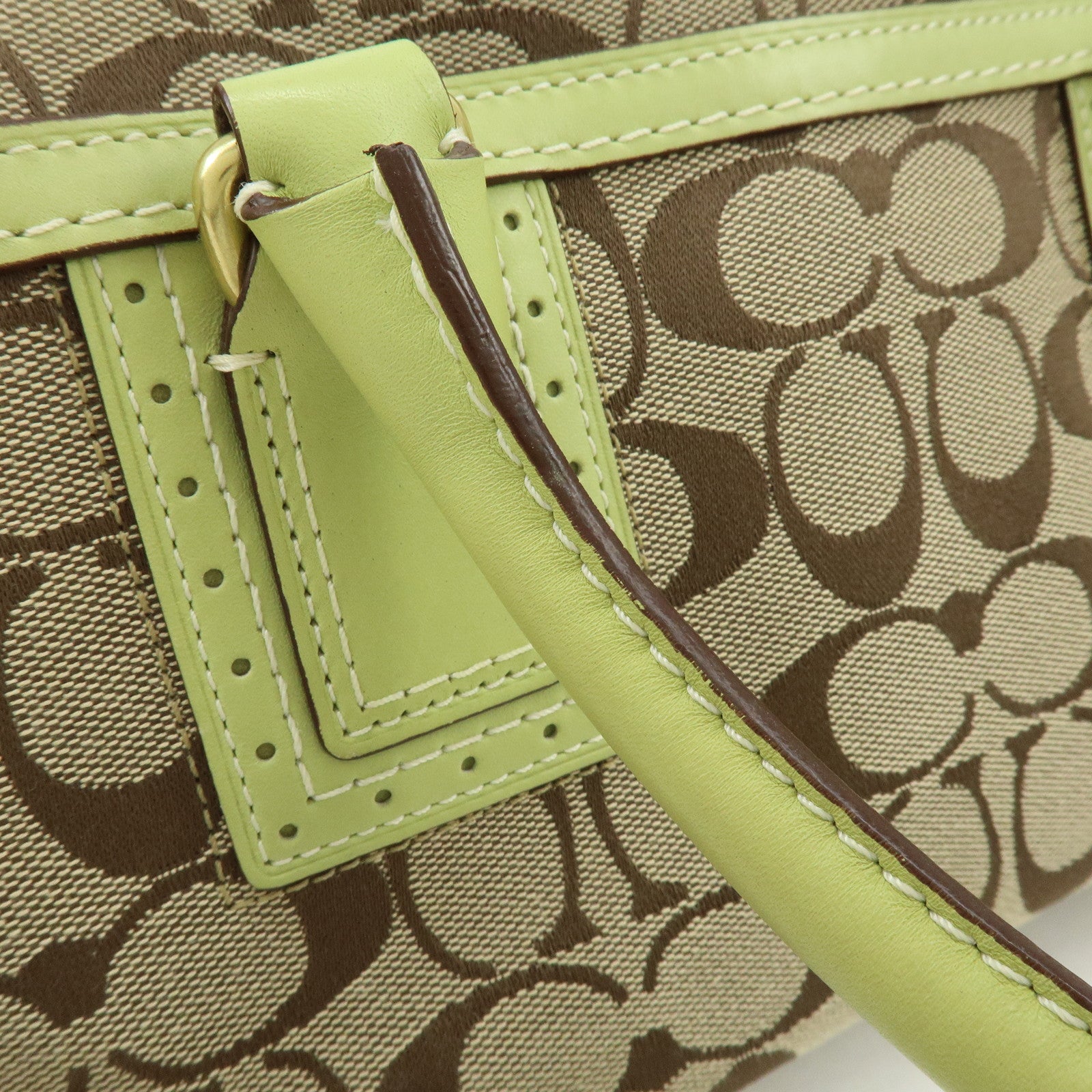 COACH Signature Canvas Leather Boston Hand Bag Light Brown Green