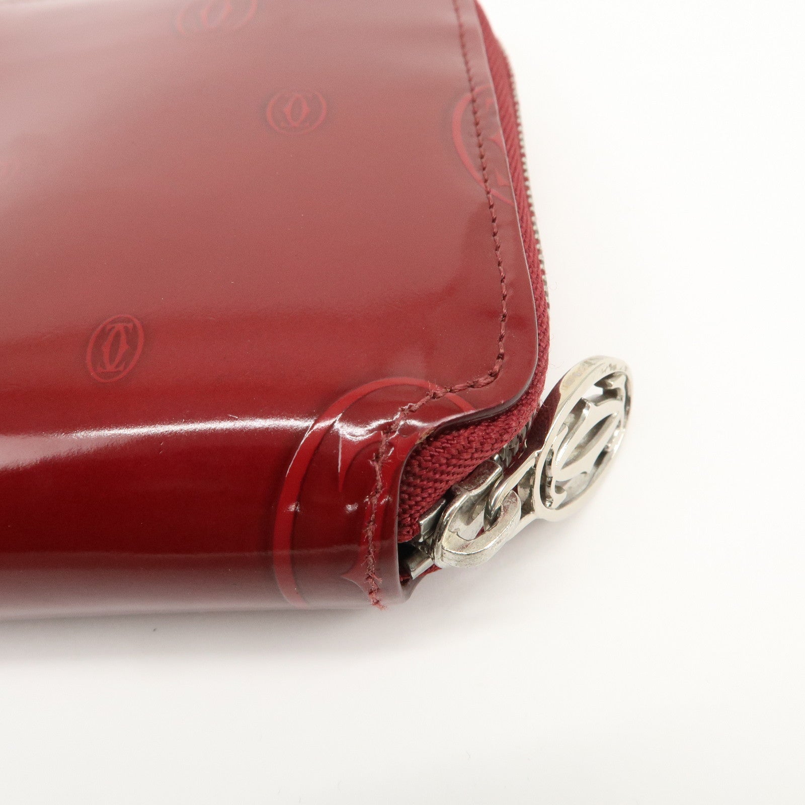 Cartier 2C Patent Leather Round Zippy Long Wallet Bordeaux Used