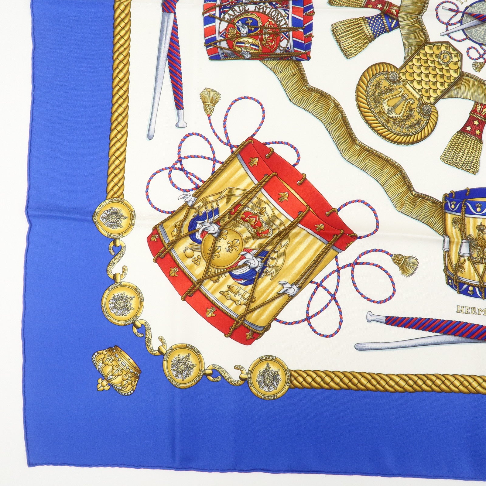 HERMES Carre 90 Silk 100% Scarf LES TAMBOURS Blue White